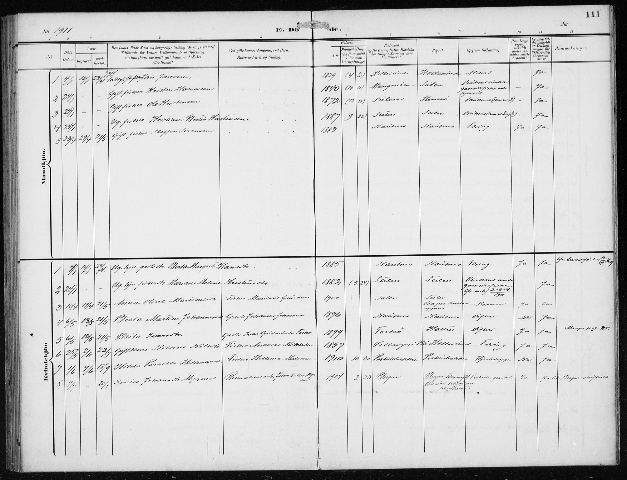 Herdla Sokneprestembete, AV/SAB-A-75701/H/Haa: Parish register (official) no. B 1, 1902-1921, p. 111