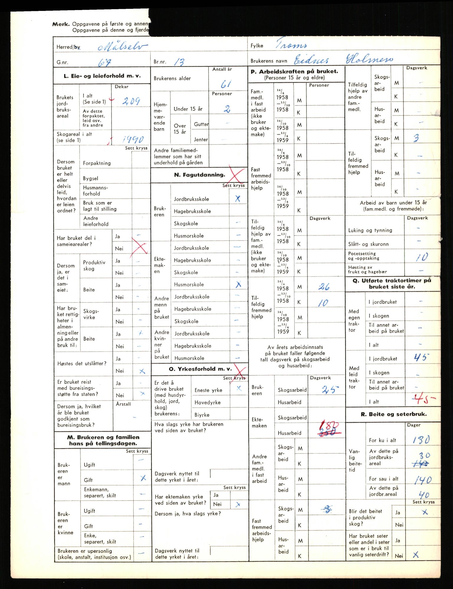 Statistisk sentralbyrå, Næringsøkonomiske emner, Jordbruk, skogbruk, jakt, fiske og fangst, AV/RA-S-2234/G/Gd/L0655: Troms: 1924 Målselv (kl. 4-10), 1959, p. 2216