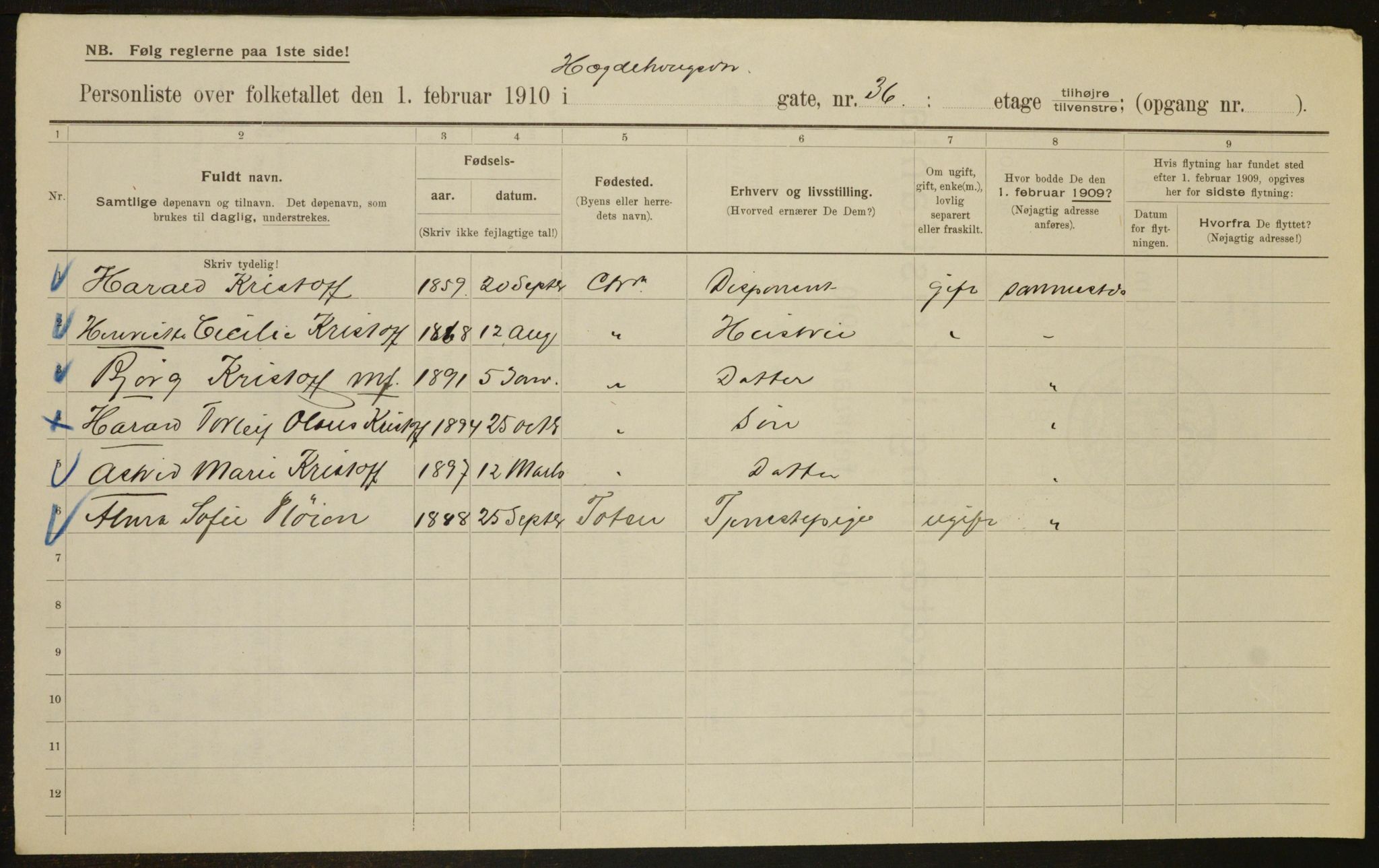 OBA, Municipal Census 1910 for Kristiania, 1910, p. 35435