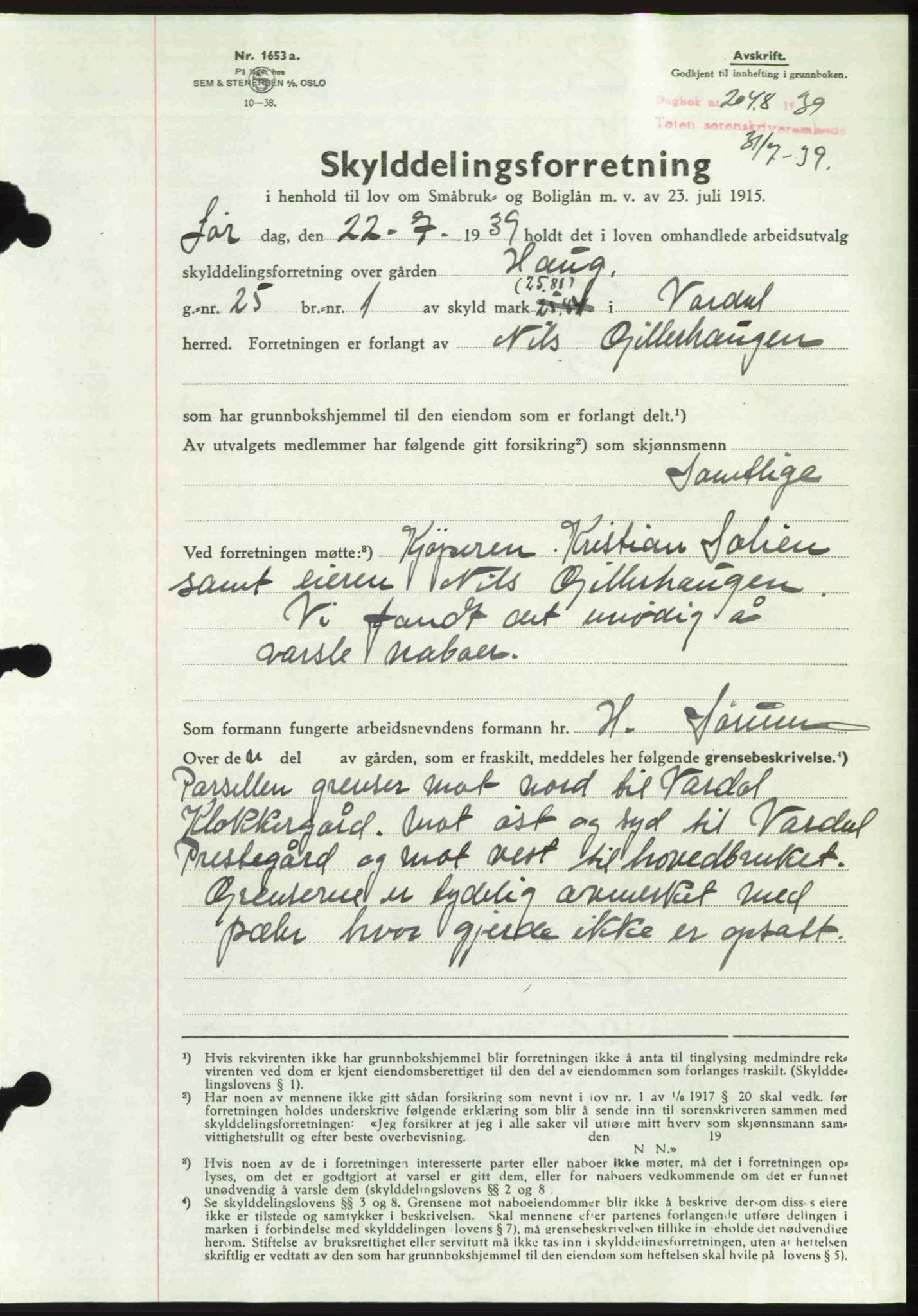 Toten tingrett, SAH/TING-006/H/Hb/Hbc/L0006: Mortgage book no. Hbc-06, 1939-1939, Diary no: : 2048/1939