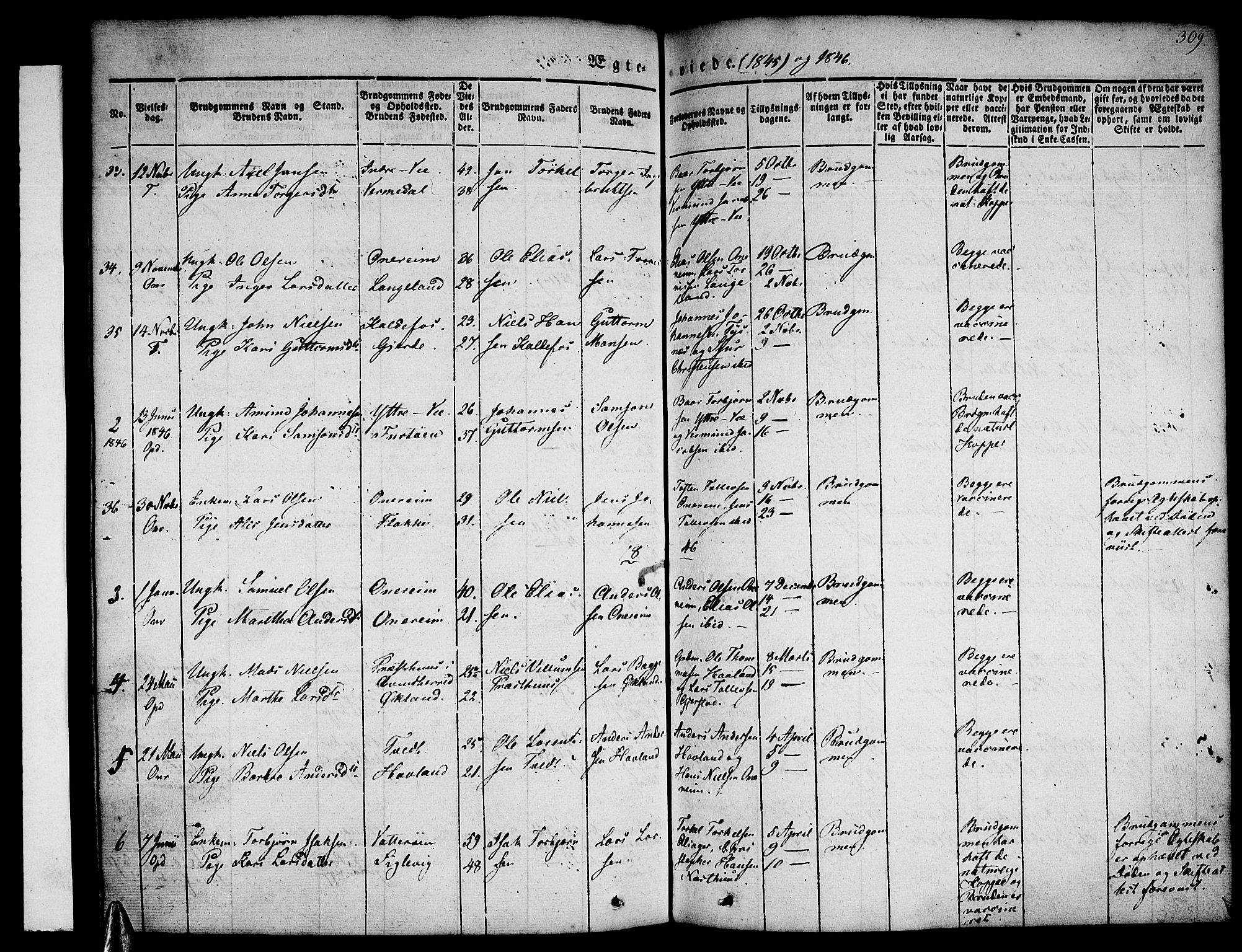 Tysnes sokneprestembete, SAB/A-78601/H/Haa: Parish register (official) no. A 9, 1837-1848, p. 309