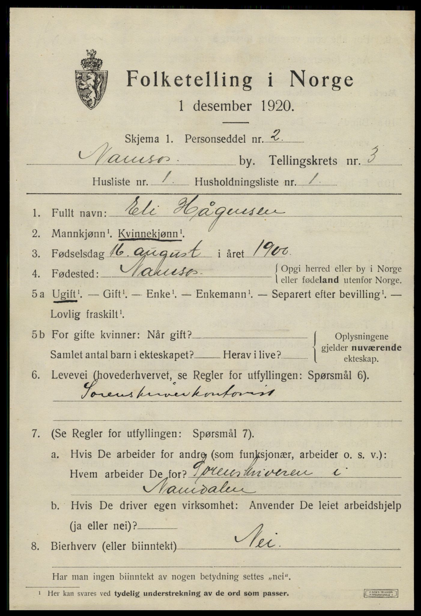 SAT, 1920 census for Namsos, 1920, p. 3753