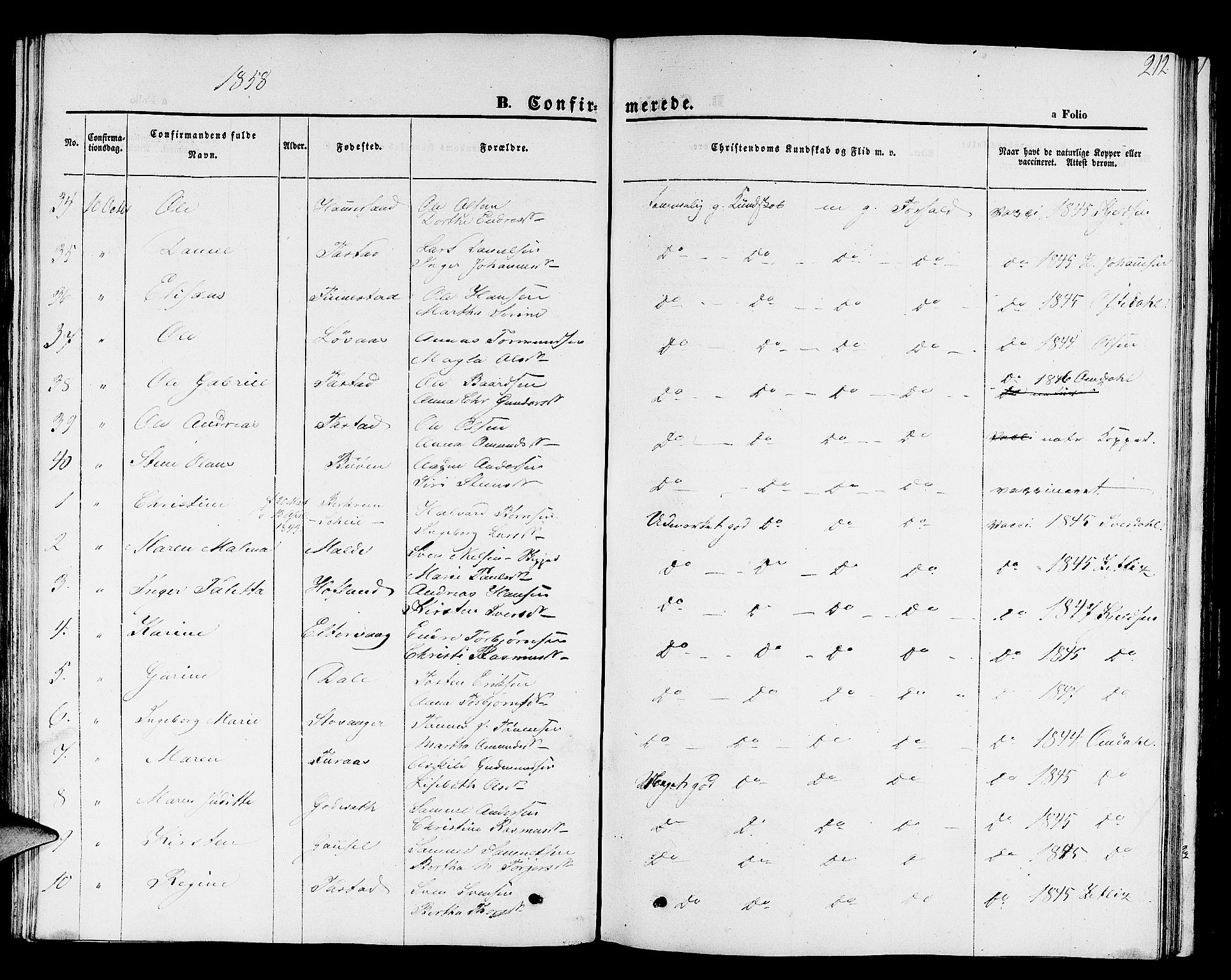 Hetland sokneprestkontor, SAST/A-101826/30/30BB/L0001: Parish register (copy) no. B 1, 1850-1868, p. 212