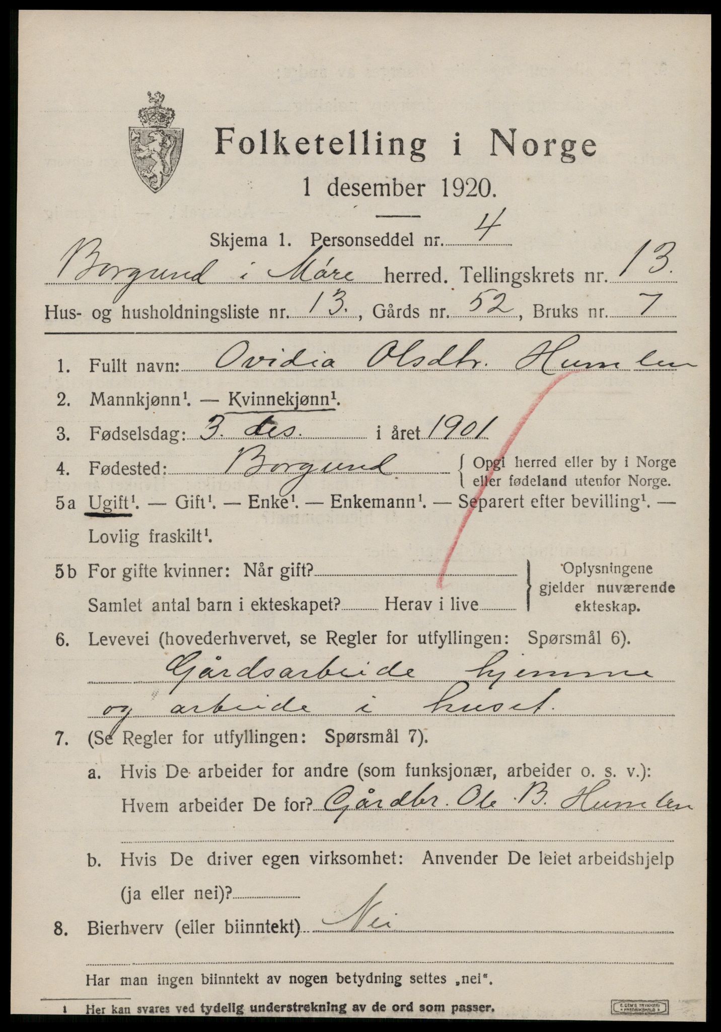 SAT, 1920 census for Borgund, 1920, p. 10952