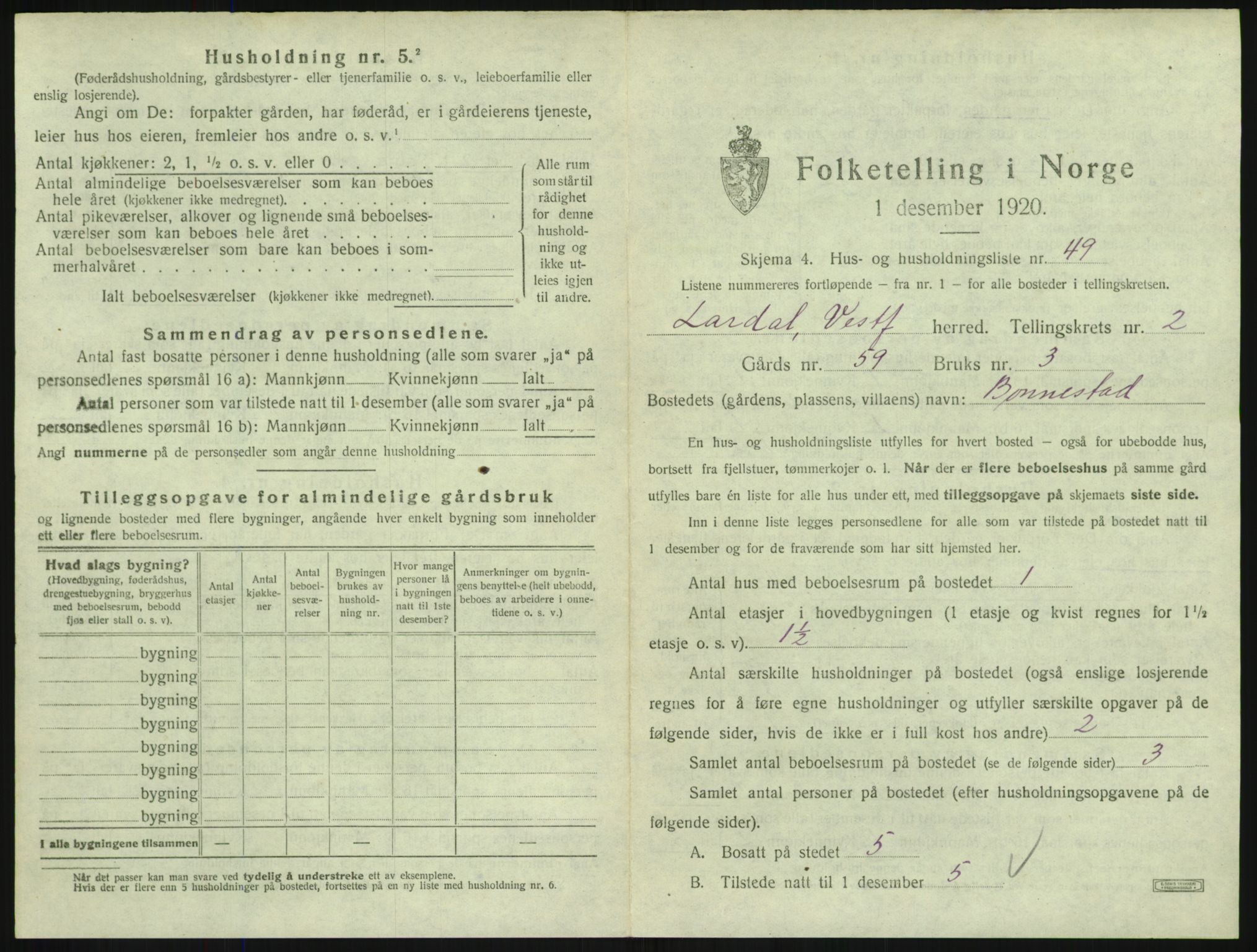 SAKO, 1920 census for Lardal, 1920, p. 307