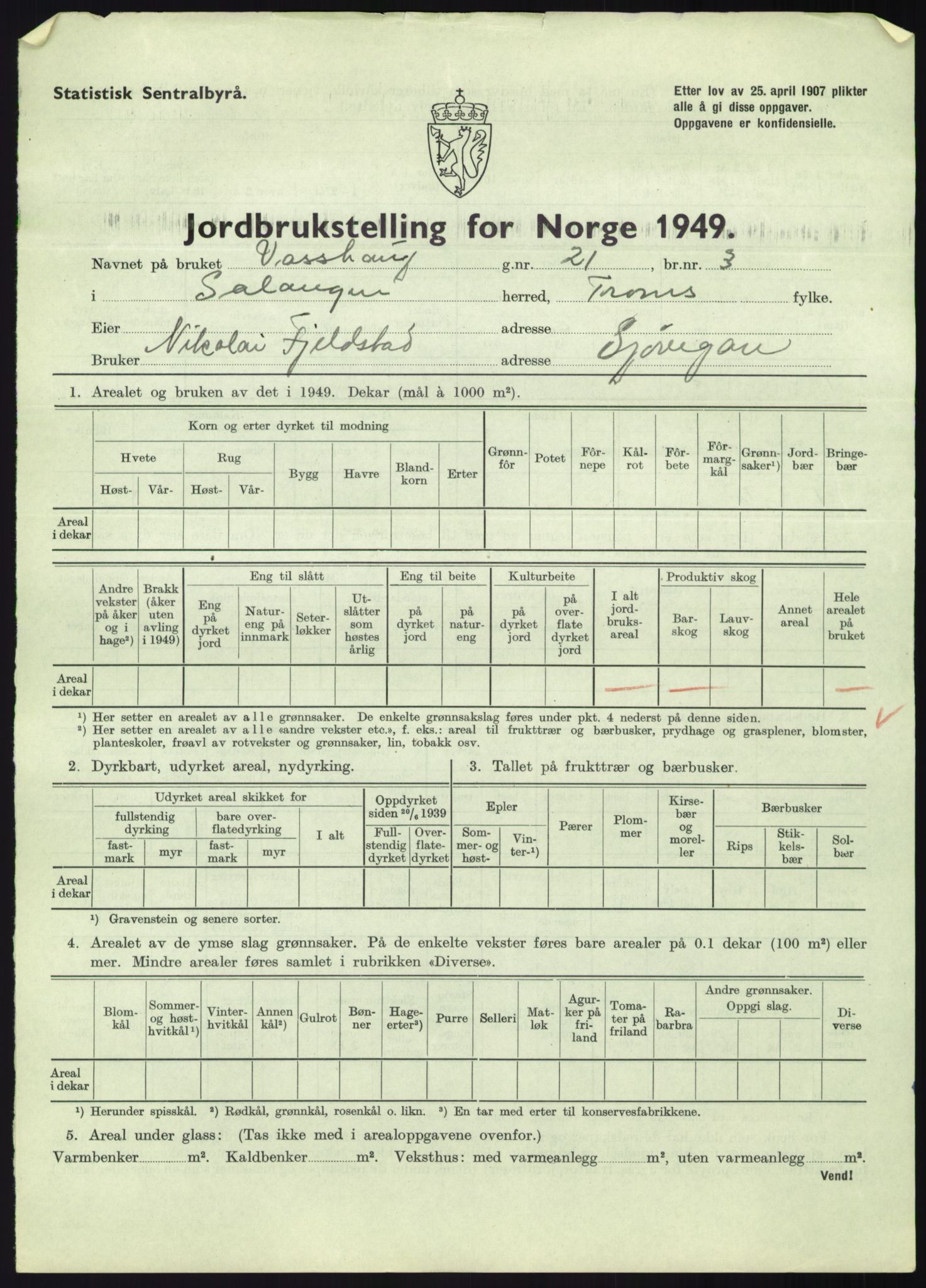 Statistisk sentralbyrå, Næringsøkonomiske emner, Jordbruk, skogbruk, jakt, fiske og fangst, AV/RA-S-2234/G/Gc/L0438: Troms: Salangen og Bardu, 1949, p. 33