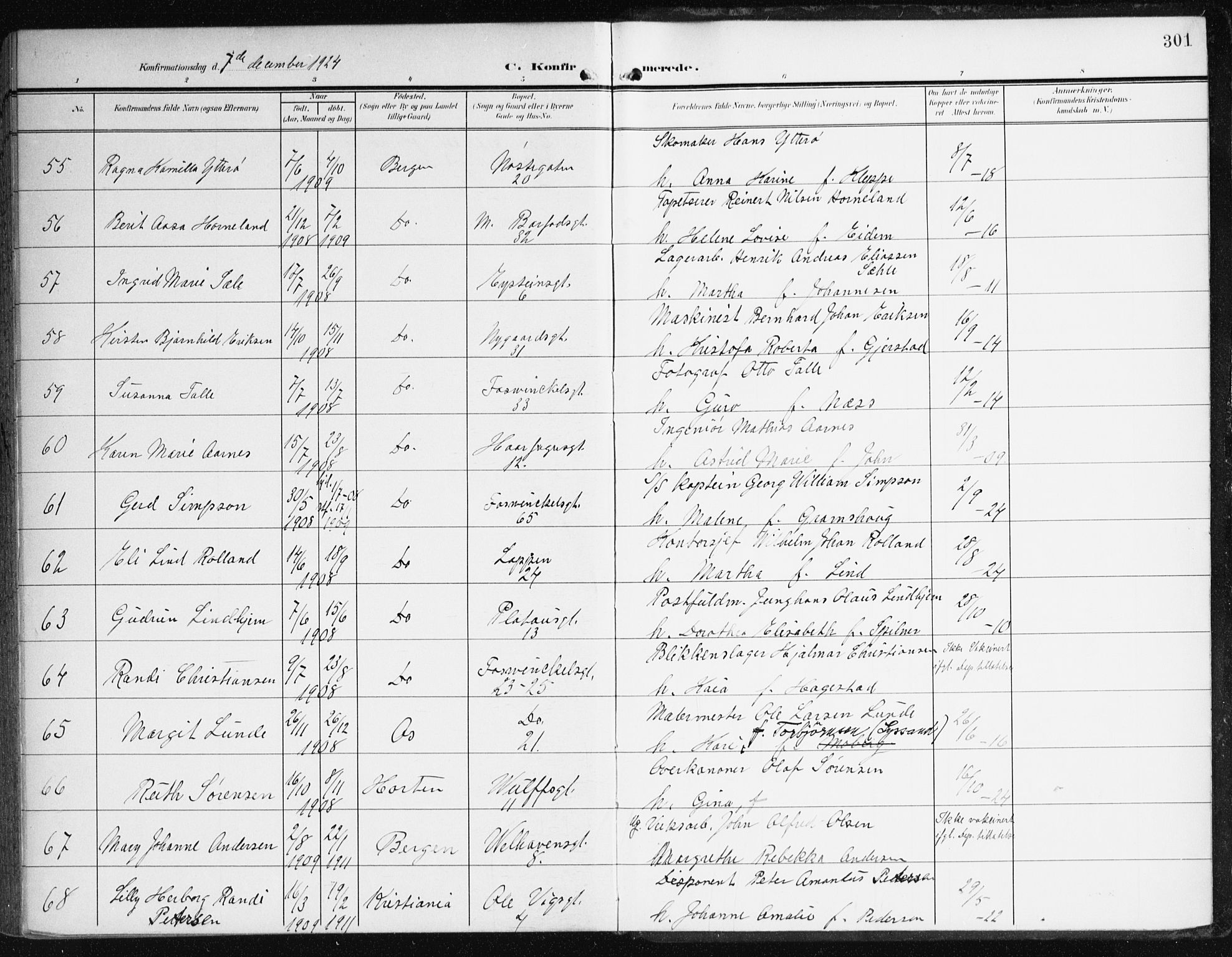 Johanneskirken sokneprestembete, SAB/A-76001/H/Haa/L0009: Parish register (official) no. C 2, 1907-1924, p. 301