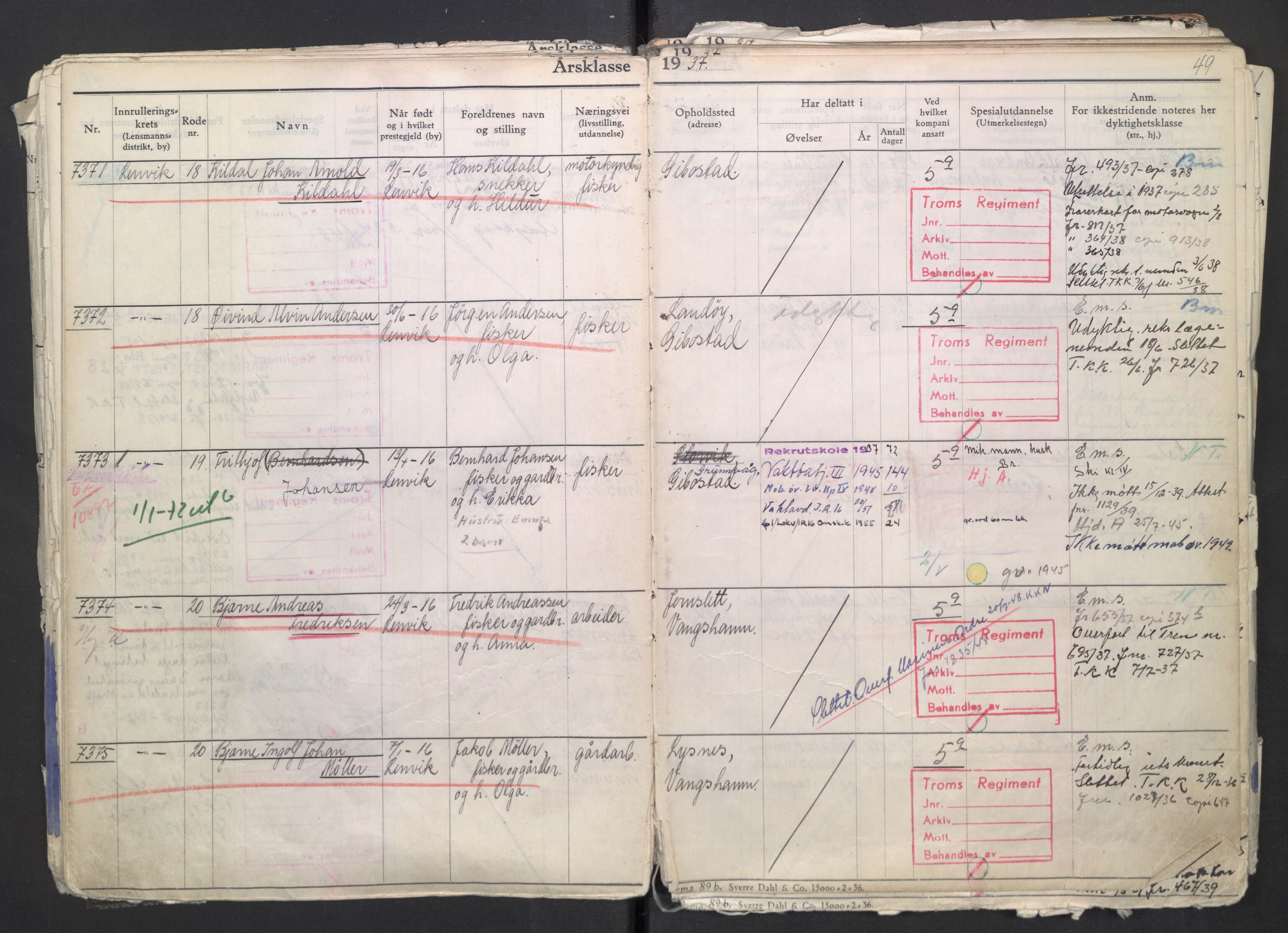 Forsvaret, Troms infanteriregiment nr. 16, AV/RA-RAFA-3146/P/Pa/L0007/0002: Ruller / Rulle for regimentets menige mannskaper, årsklasse 1937, 1937, p. 49