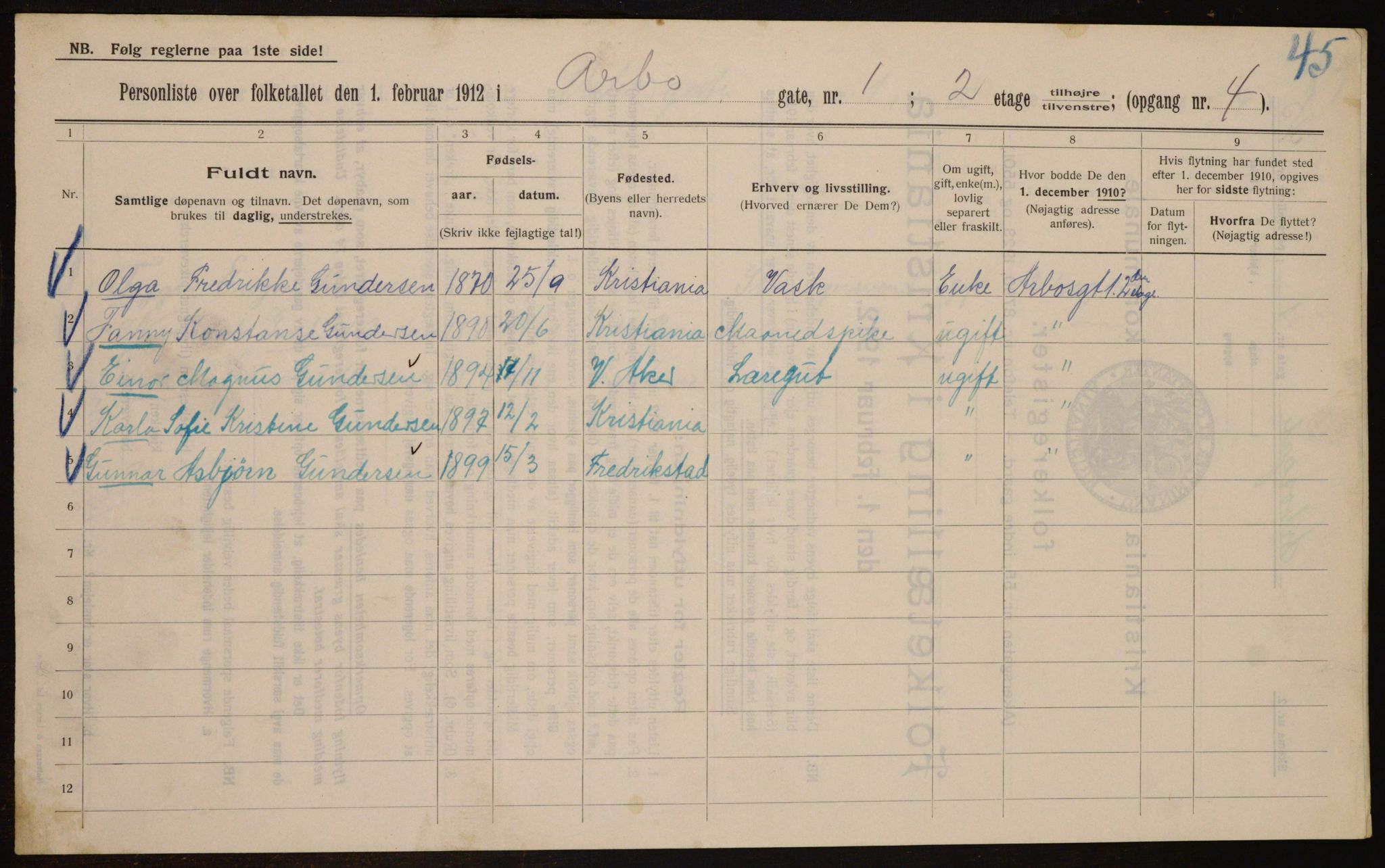 OBA, Municipal Census 1912 for Kristiania, 1912, p. 1646