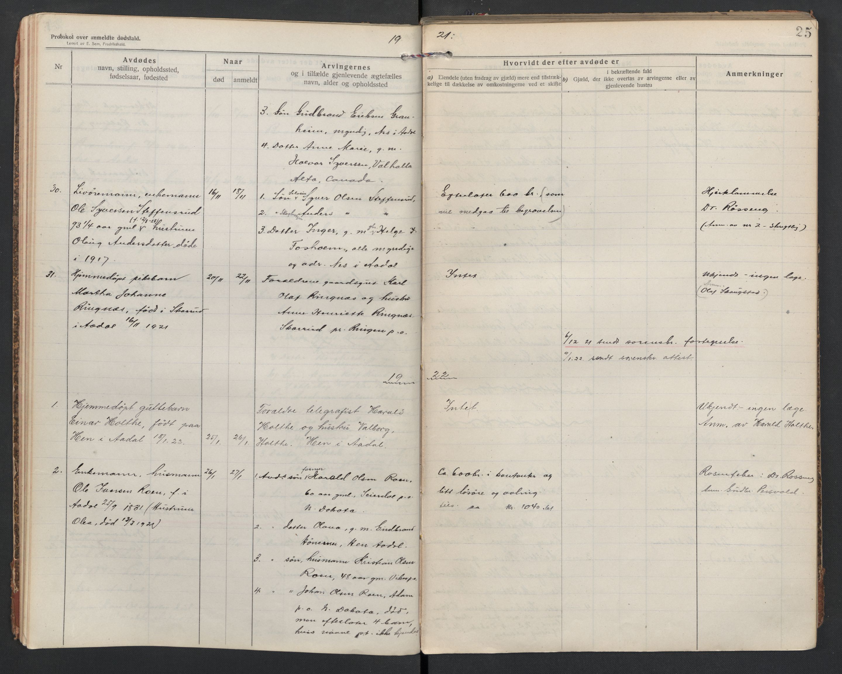 Ådal lensmannskontor, AV/SAKO-A-518/H/Ha/L0001/0002: Dødsfallsprotokoll  / Dødsfallsprotokoll 2, 1919-1942, p. 25