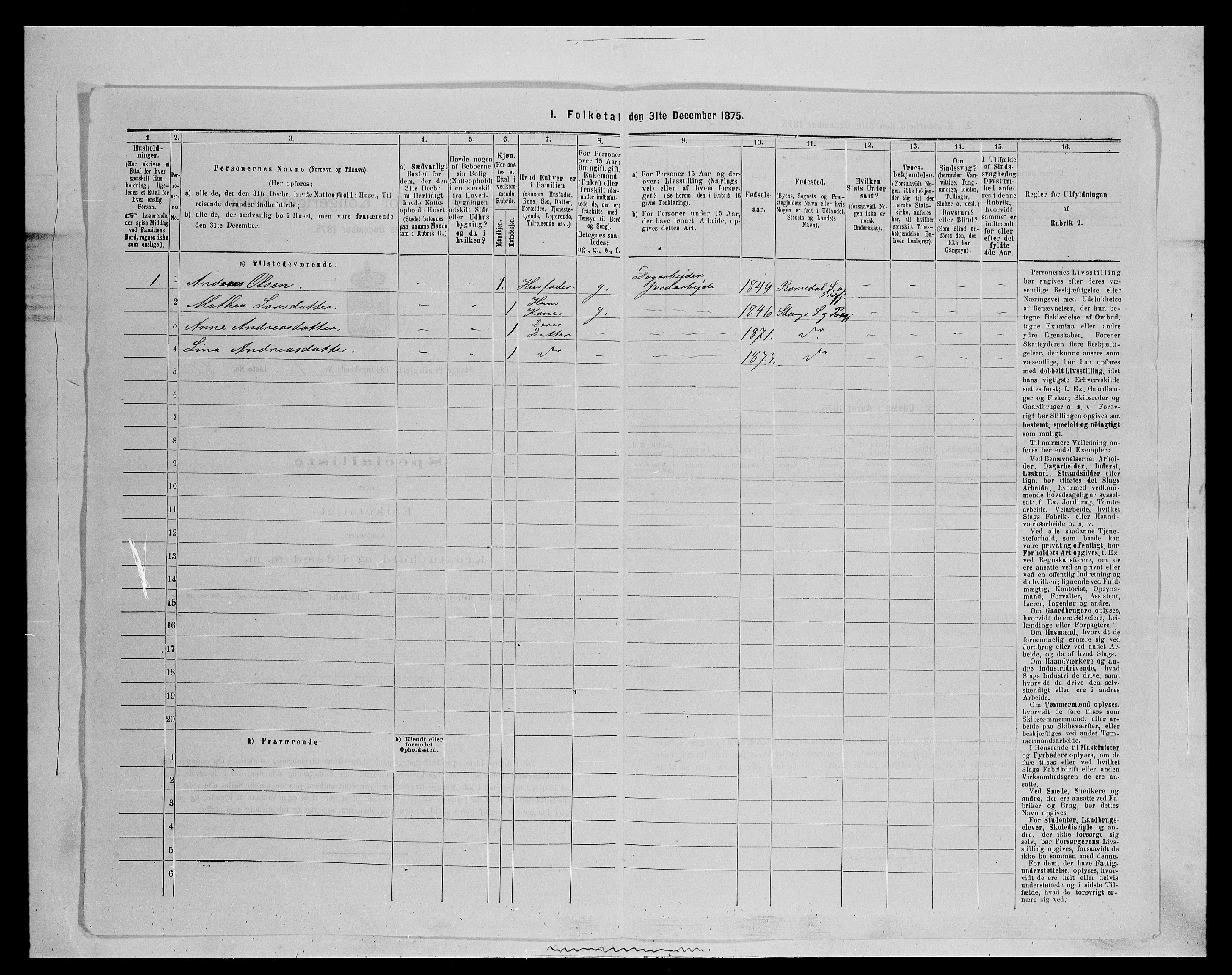 SAH, 1875 census for 0417P Stange, 1875, p. 276