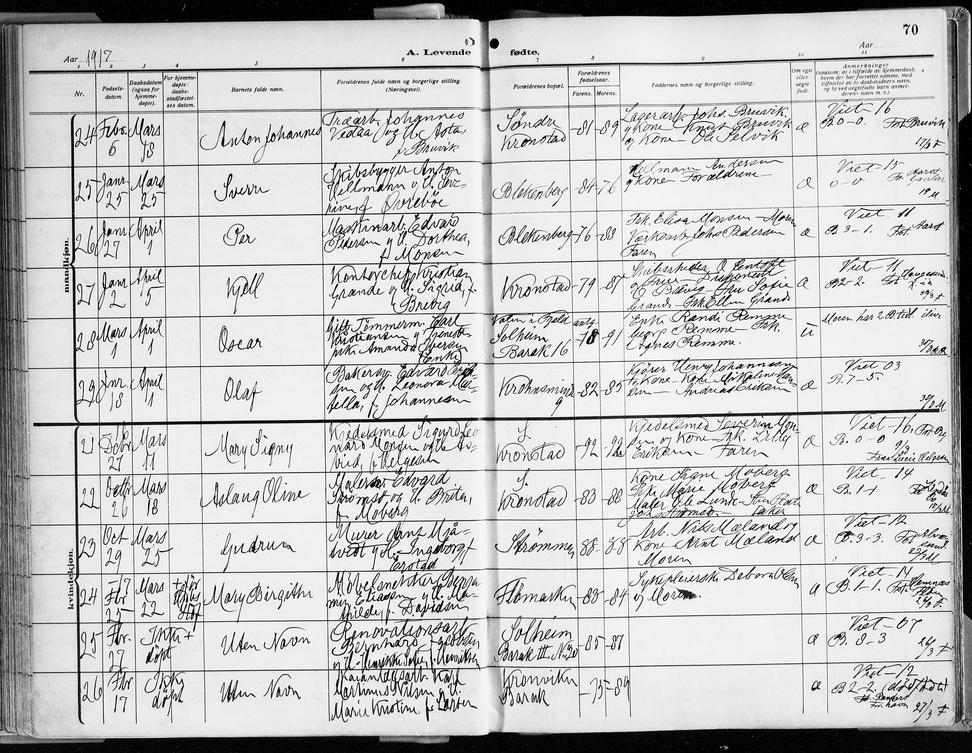 Årstad Sokneprestembete, AV/SAB-A-79301/H/Haa/L0003: Parish register (official) no. A 3, 1914-1919, p. 70