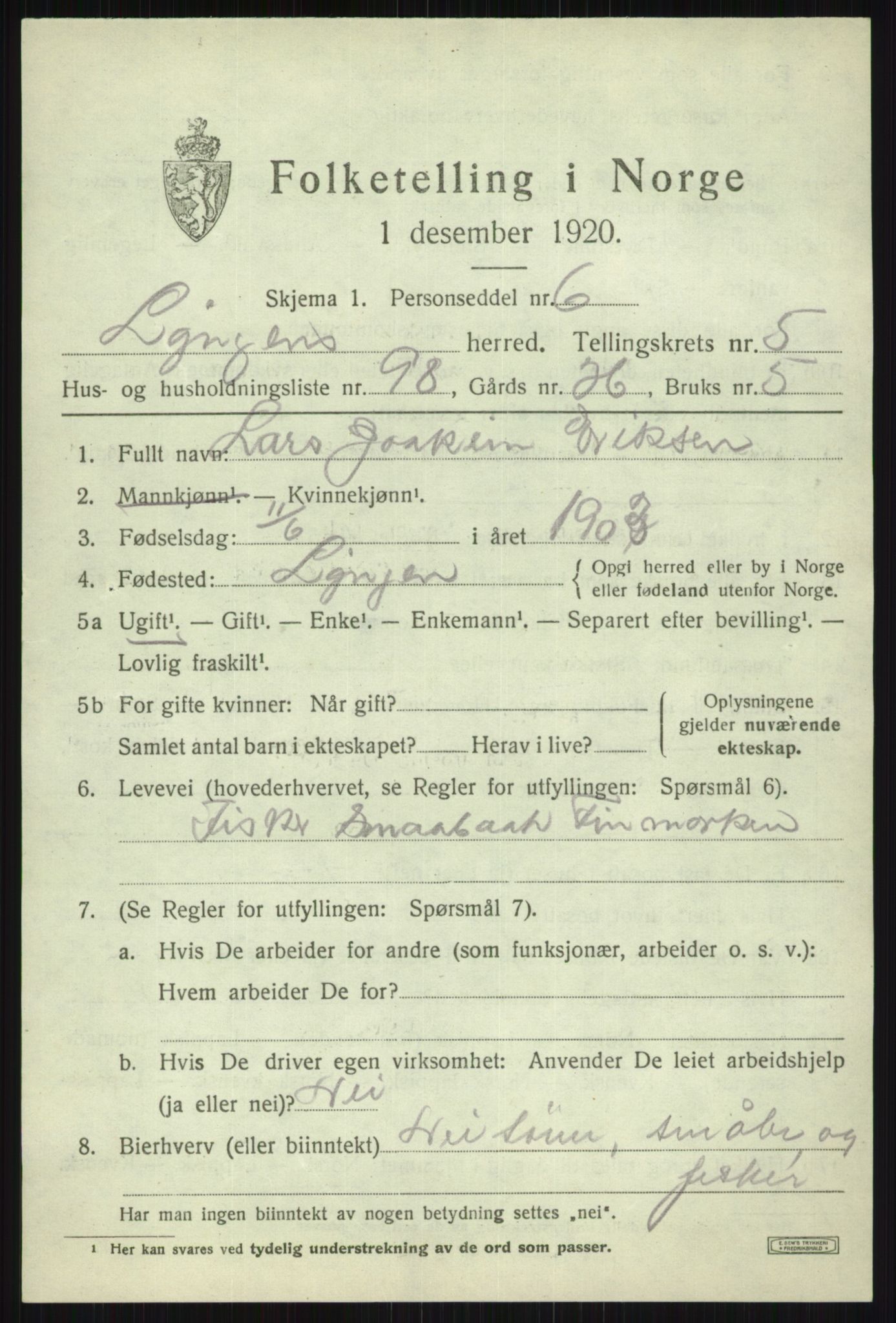 SATØ, 1920 census for Lyngen, 1920, p. 6582