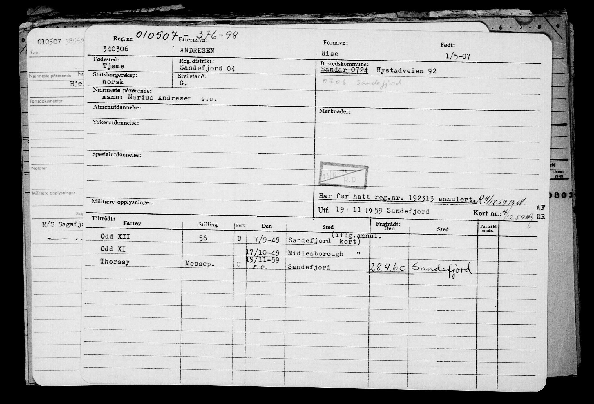 Direktoratet for sjømenn, RA/S-3545/G/Gb/L0071: Hovedkort, 1907, p. 1