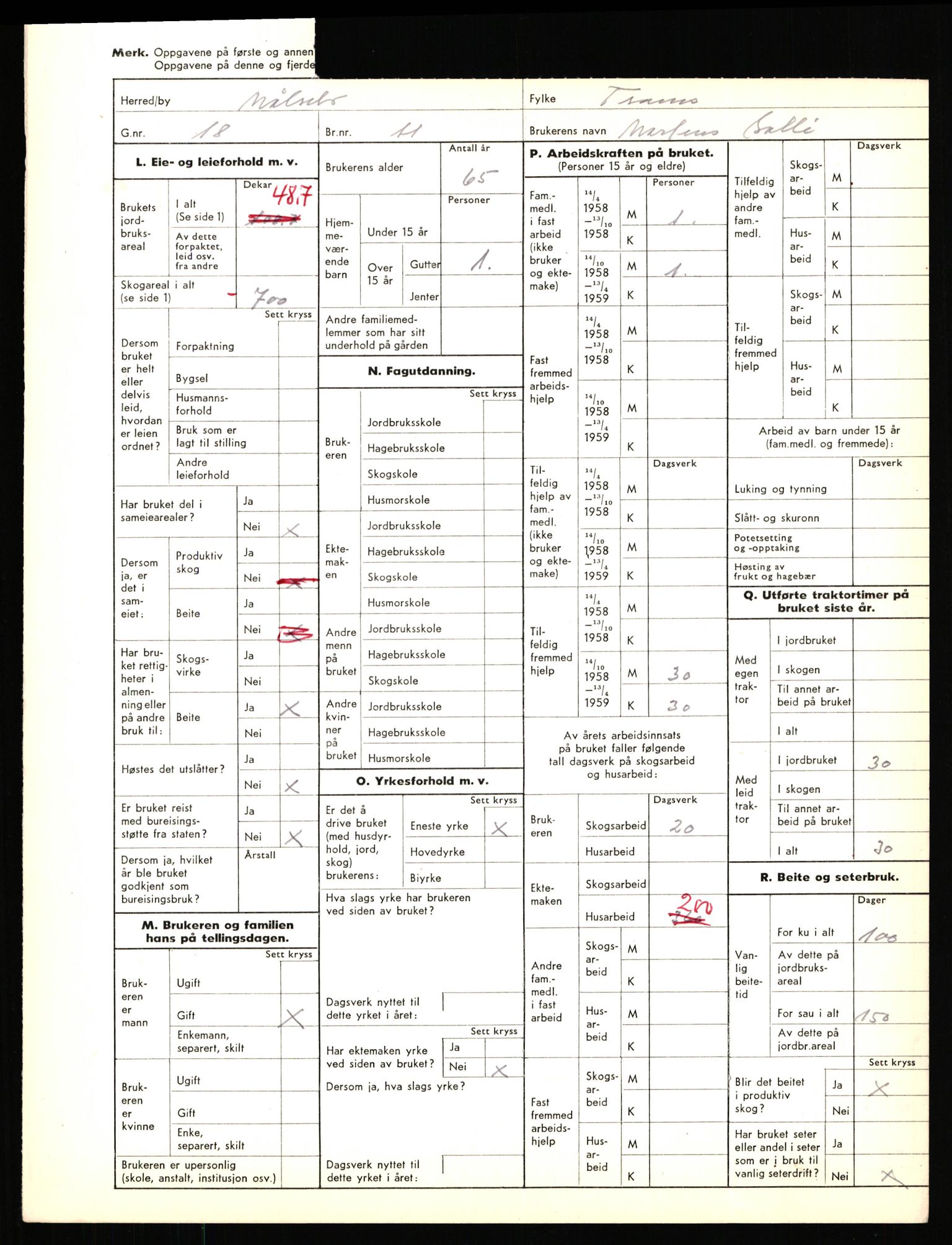 Statistisk sentralbyrå, Næringsøkonomiske emner, Jordbruk, skogbruk, jakt, fiske og fangst, AV/RA-S-2234/G/Gd/L0655: Troms: 1924 Målselv (kl. 4-10), 1959, p. 1434