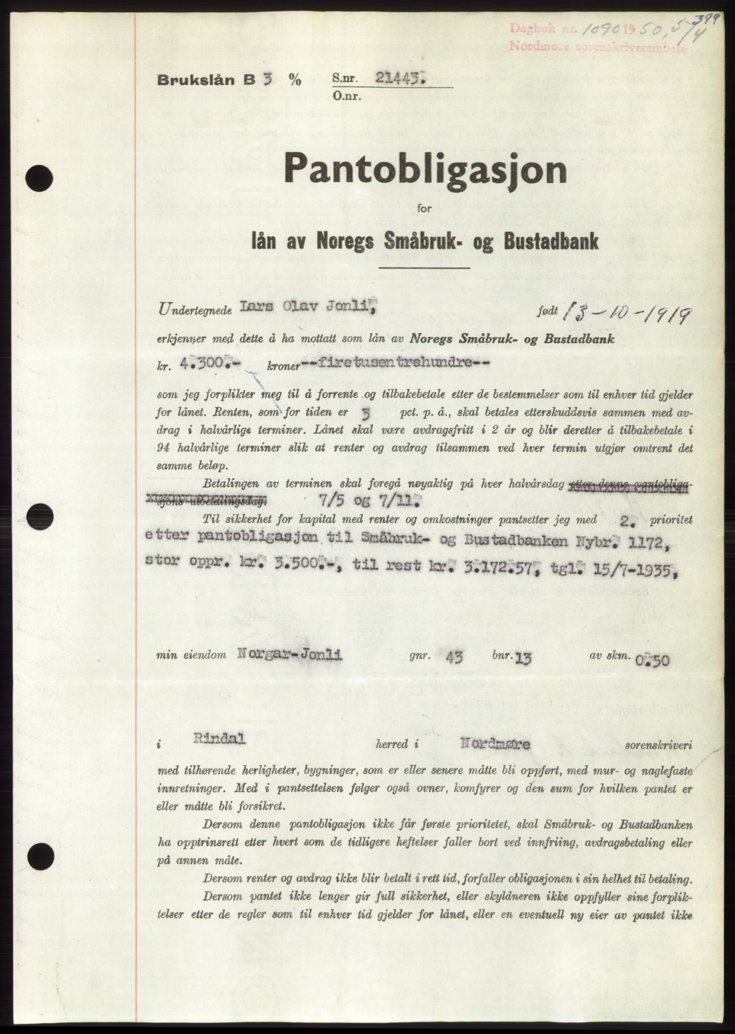 Nordmøre sorenskriveri, AV/SAT-A-4132/1/2/2Ca: Mortgage book no. B104, 1950-1950, Diary no: : 1090/1950