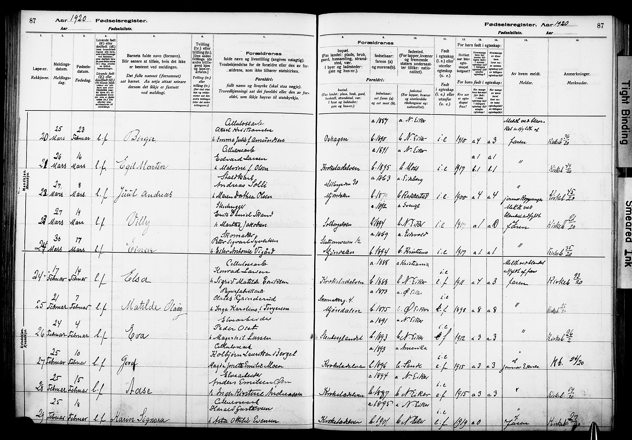 Nedre Eiker kirkebøker, AV/SAKO-A-612/J/Ja/L0001: Birth register no. 1, 1916-1925, p. 87