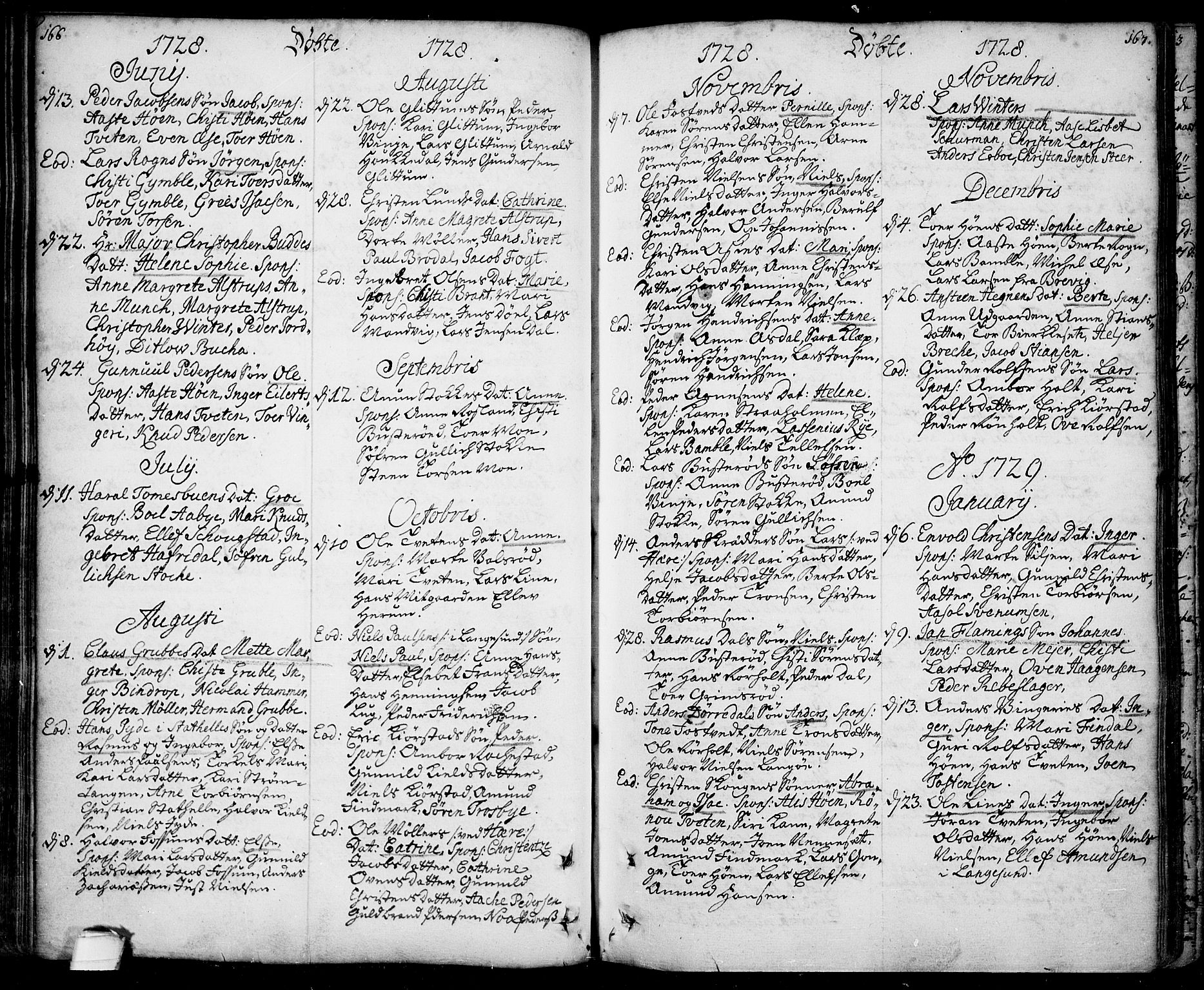Bamble kirkebøker, SAKO/A-253/F/Fa/L0001: Parish register (official) no. I 1, 1702-1774, p. 166-167