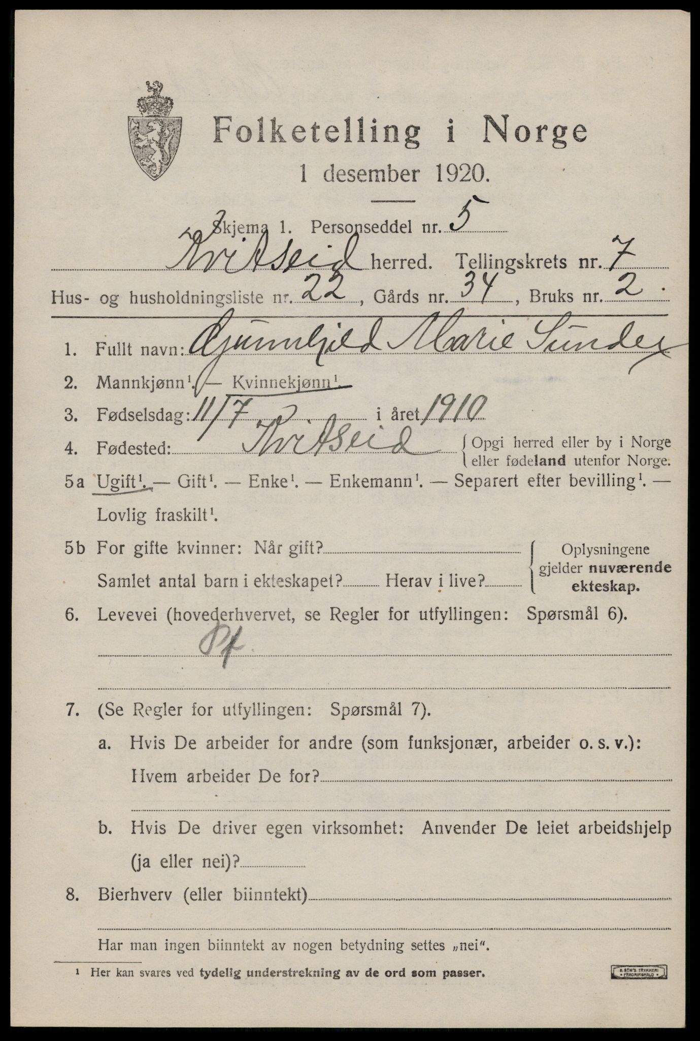 SAKO, 1920 census for Kviteseid, 1920, p. 3713