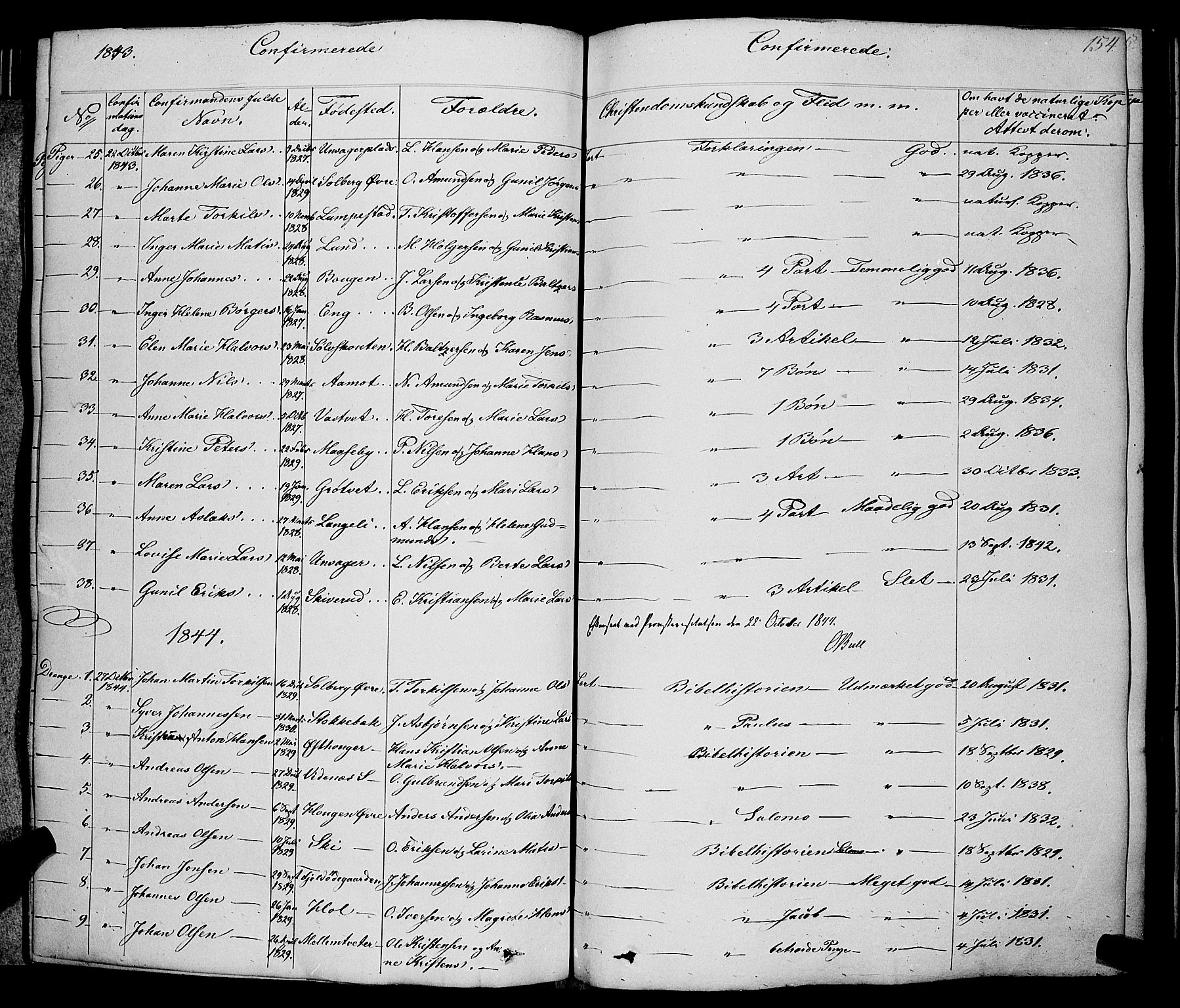 Skiptvet prestekontor Kirkebøker, SAO/A-20009/F/Fa/L0006: Parish register (official) no. 6, 1839-1860, p. 154