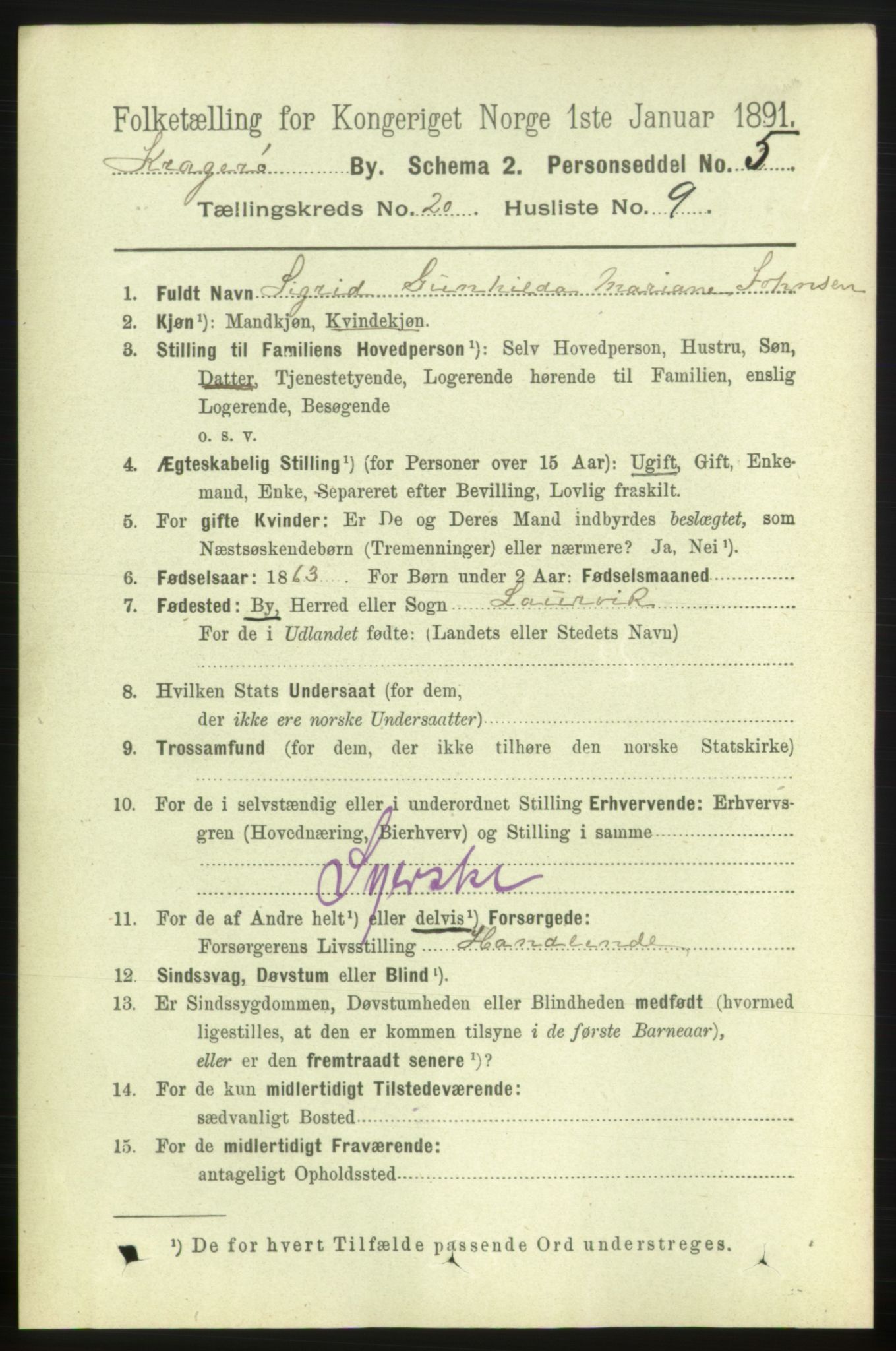 RA, 1891 census for 0801 Kragerø, 1891, p. 4671