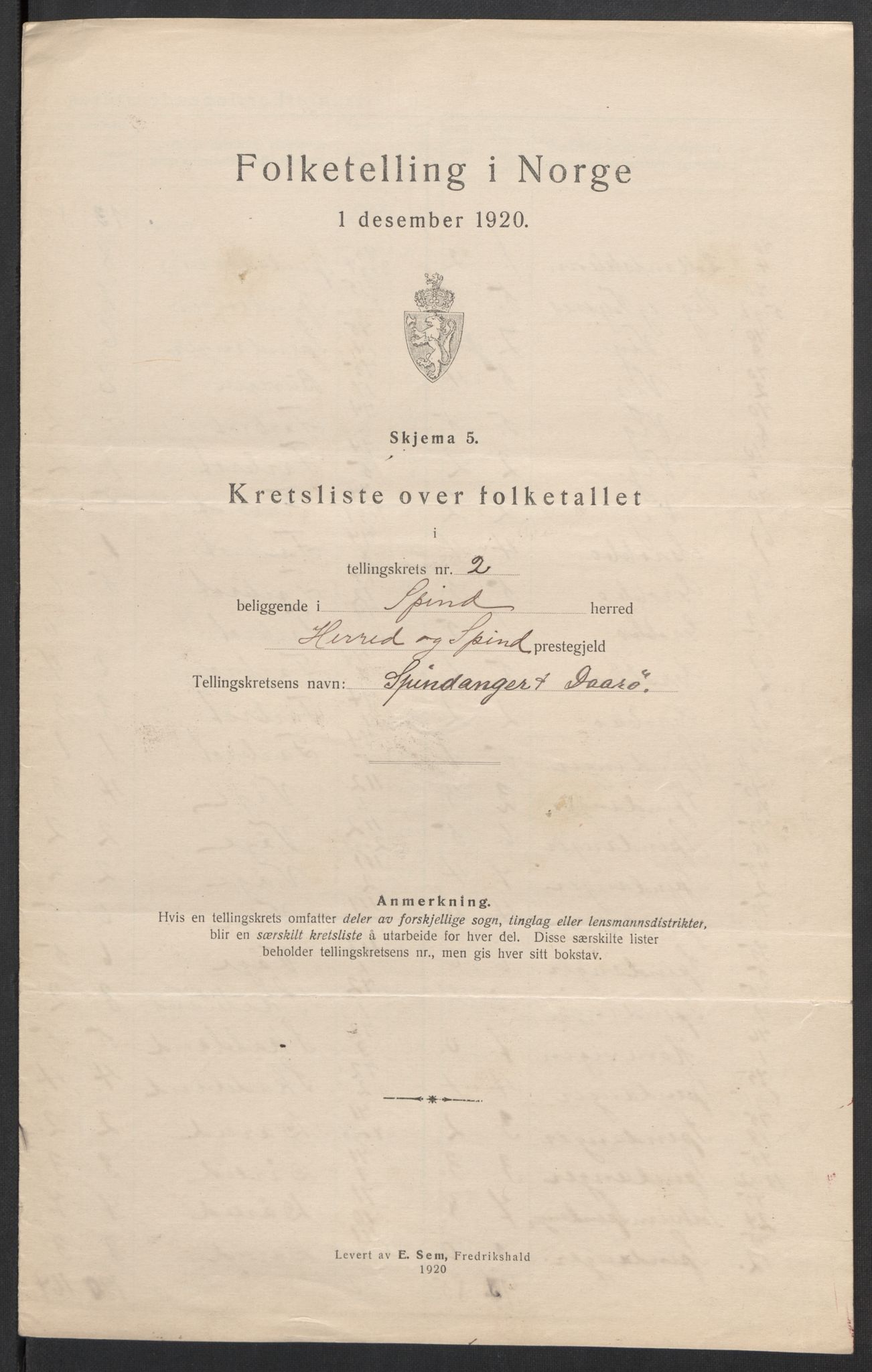 SAK, 1920 census for Spind, 1920, p. 10