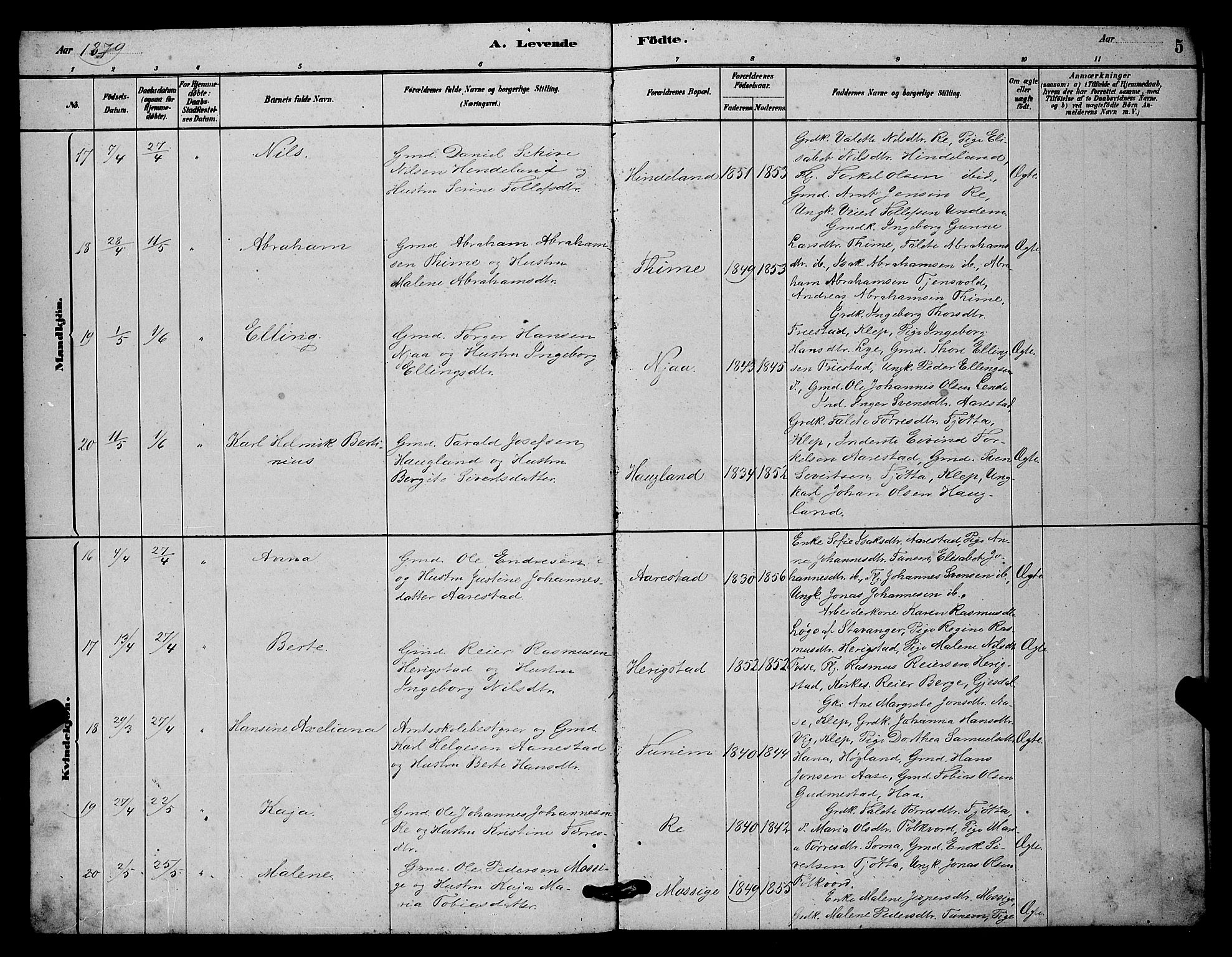 Lye sokneprestkontor, AV/SAST-A-101794/001/30BB/L0006: Parish register (copy) no. B 6, 1879-1888, p. 5