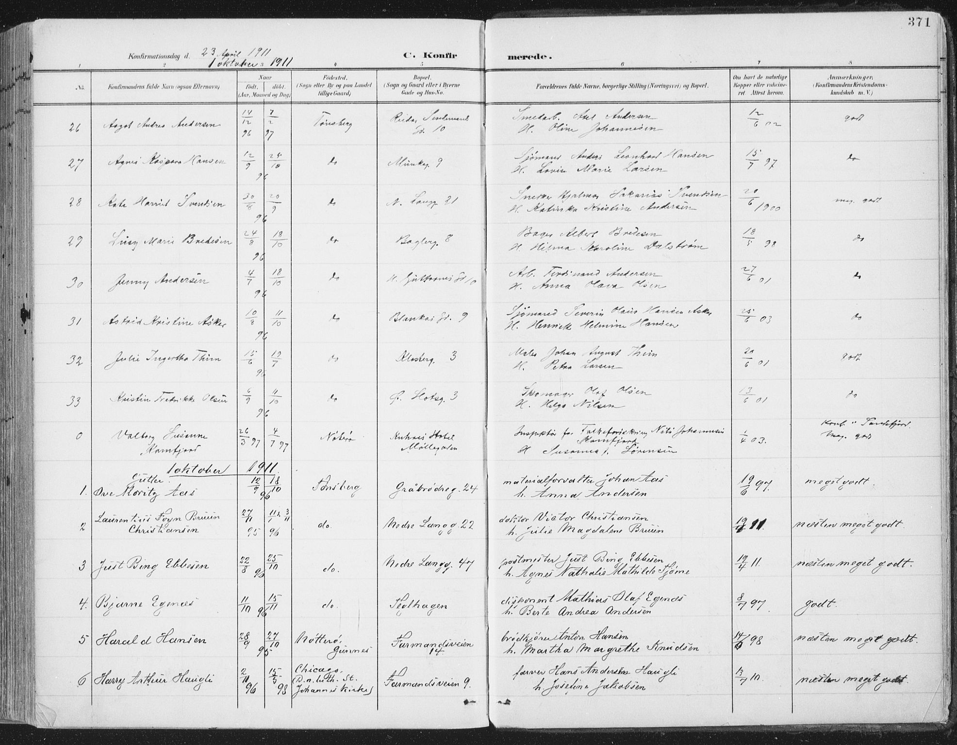 Tønsberg kirkebøker, AV/SAKO-A-330/F/Fa/L0014: Parish register (official) no. I 14, 1900-1913, p. 371