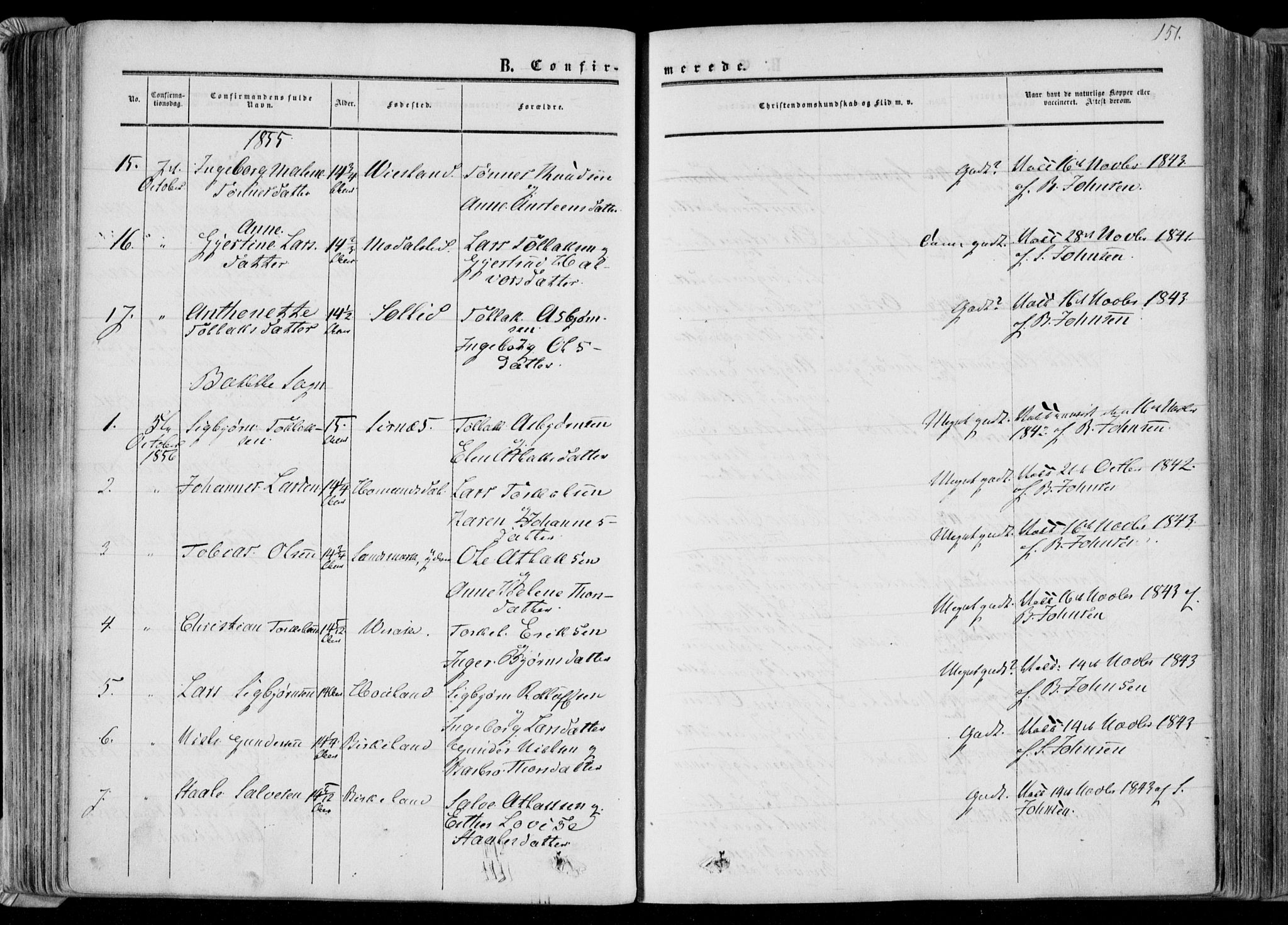 Bakke sokneprestkontor, SAK/1111-0002/F/Fa/Faa/L0006: Parish register (official) no. A 6, 1855-1877, p. 151