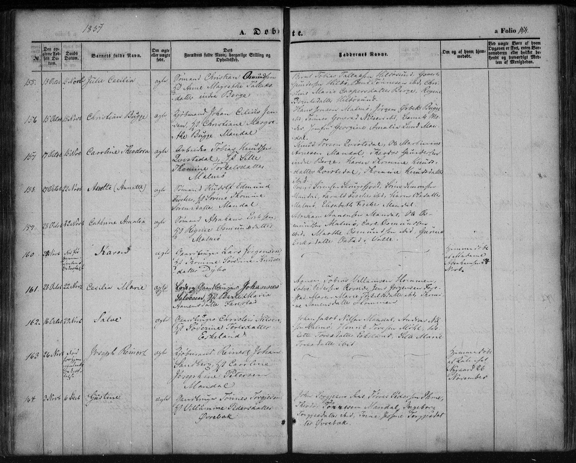 Mandal sokneprestkontor, AV/SAK-1111-0030/F/Fa/Faa/L0013: Parish register (official) no. A 13, 1847-1859, p. 154