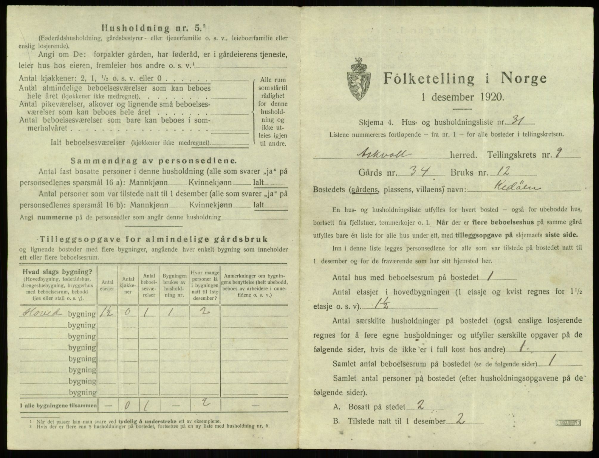 SAB, 1920 census for Askvoll, 1920, p. 521