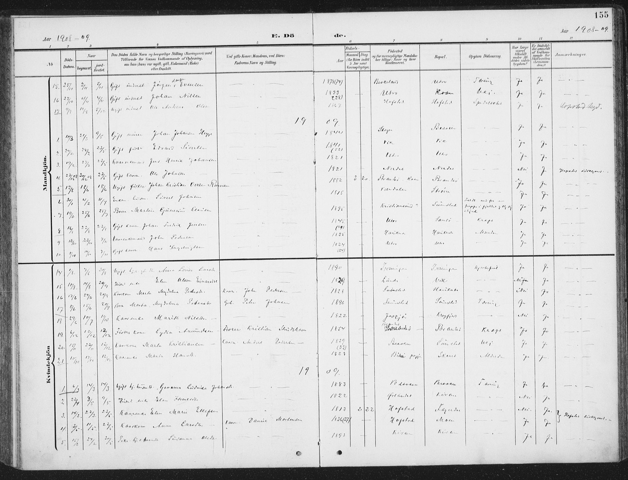Ministerialprotokoller, klokkerbøker og fødselsregistre - Sør-Trøndelag, SAT/A-1456/657/L0709: Parish register (official) no. 657A10, 1905-1919, p. 155