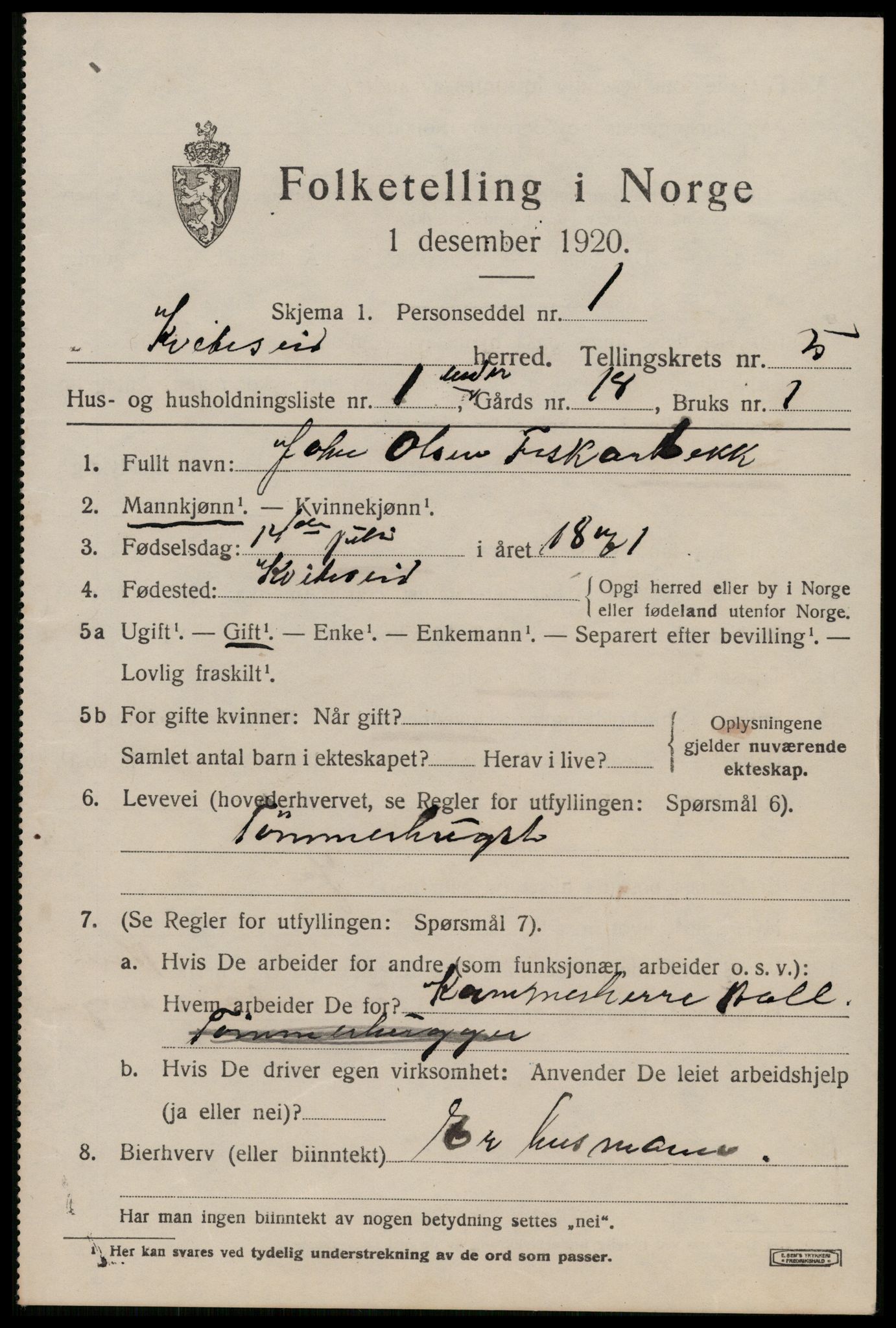 SAKO, 1920 census for Kviteseid, 1920, p. 2829