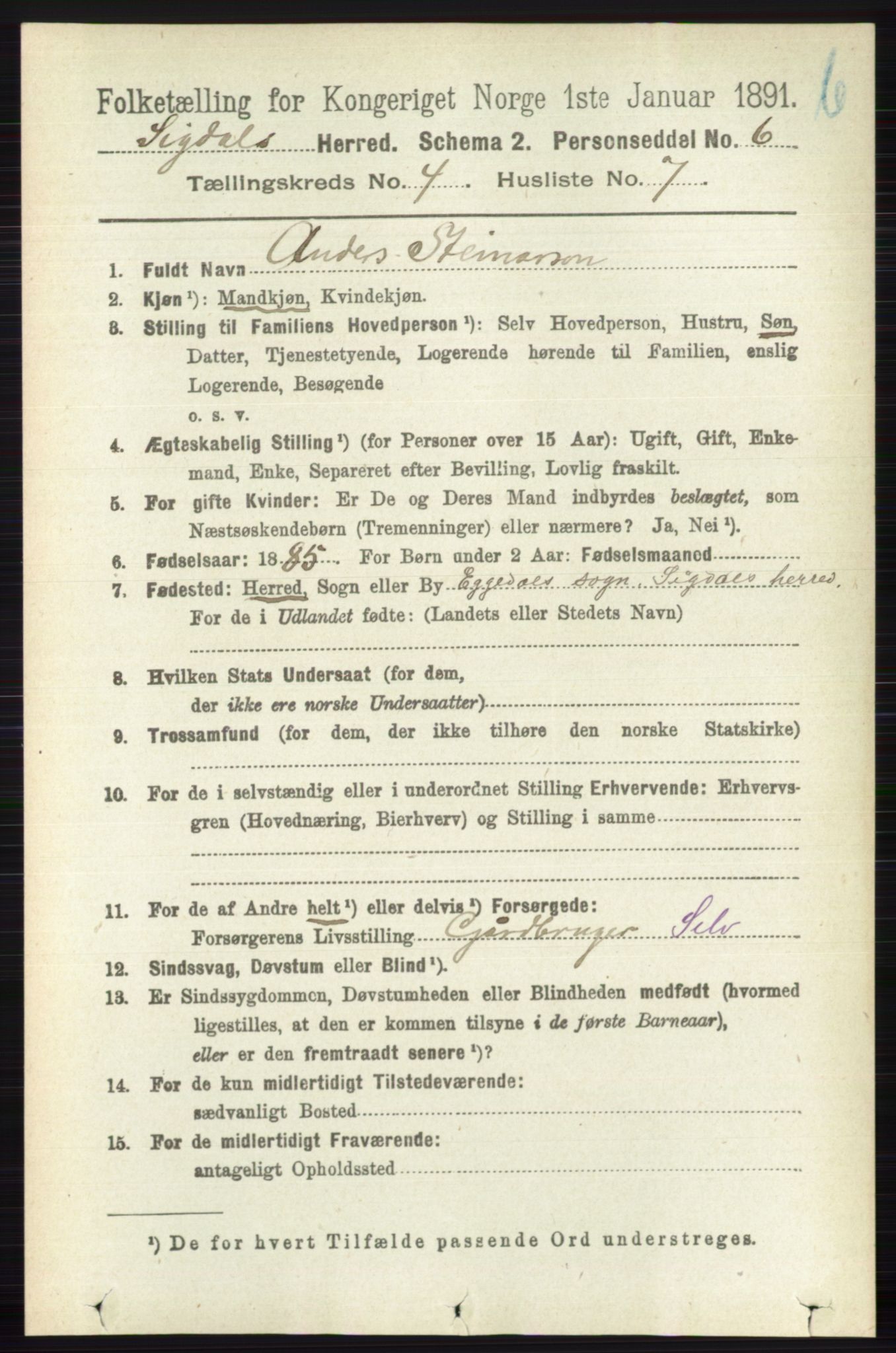 RA, 1891 census for 0621 Sigdal, 1891, p. 4708