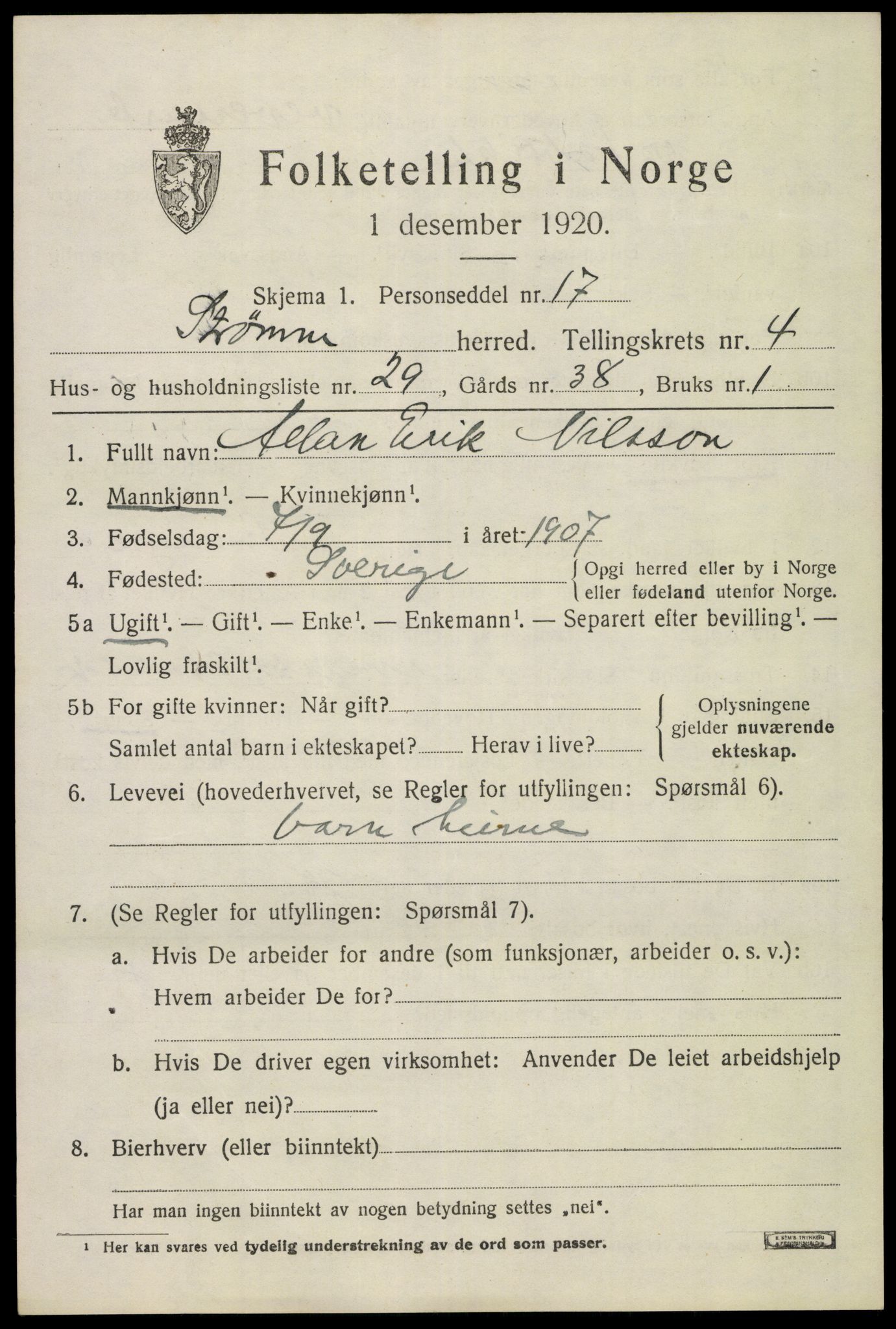 SAKO, 1920 census for Strømm, 1920, p. 3459