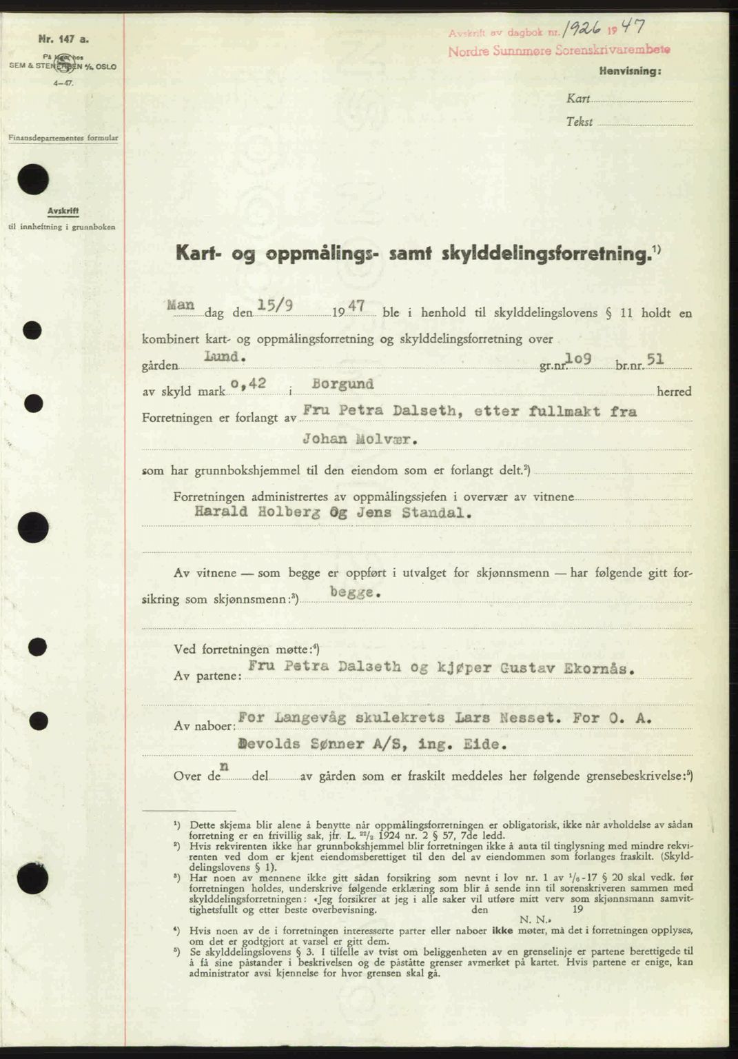 Nordre Sunnmøre sorenskriveri, AV/SAT-A-0006/1/2/2C/2Ca: Mortgage book no. A26, 1947-1948, Diary no: : 1926/1947