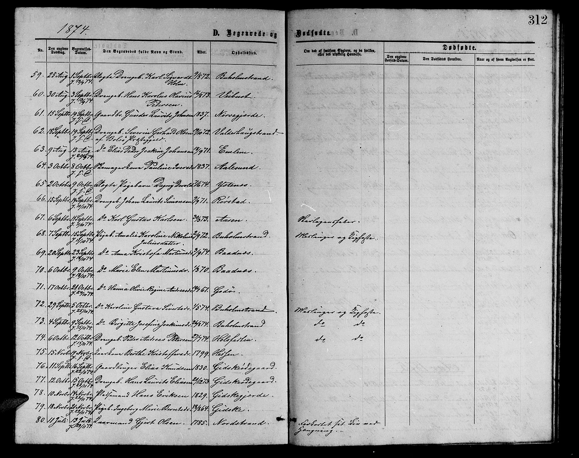 Ministerialprotokoller, klokkerbøker og fødselsregistre - Møre og Romsdal, AV/SAT-A-1454/528/L0428: Parish register (copy) no. 528C09, 1864-1880, p. 312