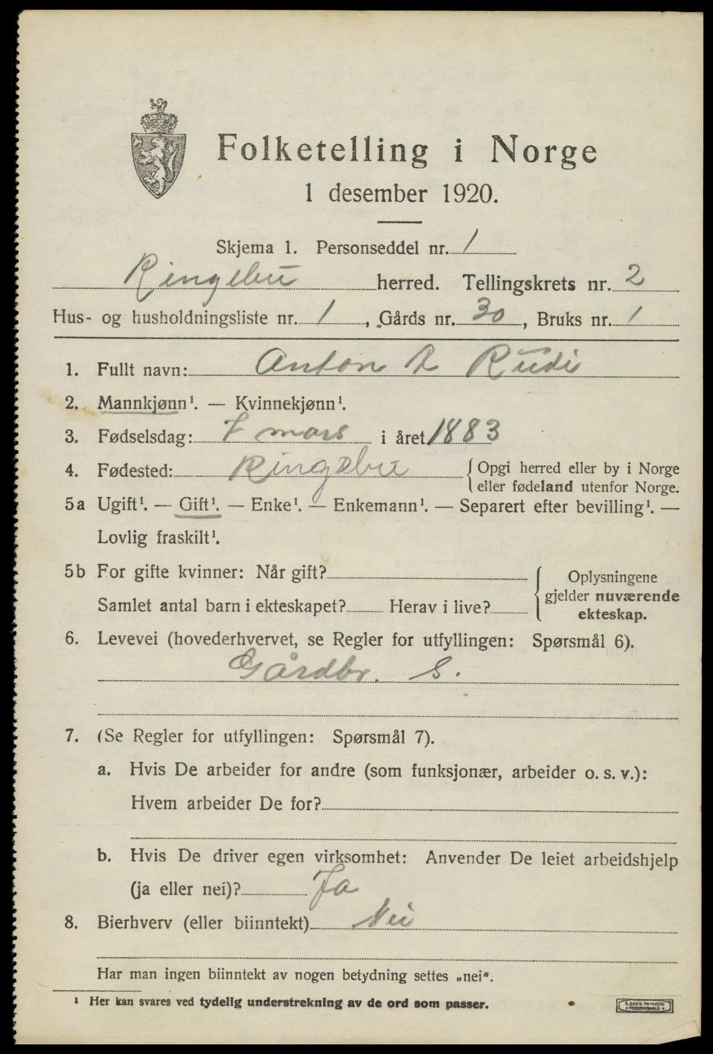 SAH, 1920 census for Ringebu, 1920, p. 2657