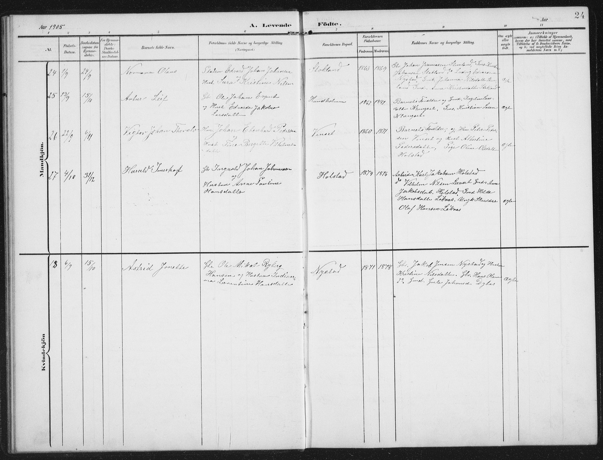 Ministerialprotokoller, klokkerbøker og fødselsregistre - Nordland, AV/SAT-A-1459/851/L0726: Parish register (copy) no. 851C01, 1902-1924, p. 24