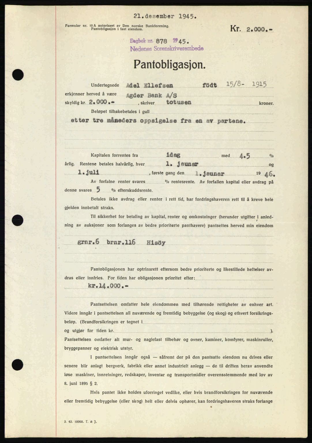 Nedenes sorenskriveri, SAK/1221-0006/G/Gb/Gbb/L0003: Mortgage book no. B3a, 1945-1945, Diary no: : 878/1945