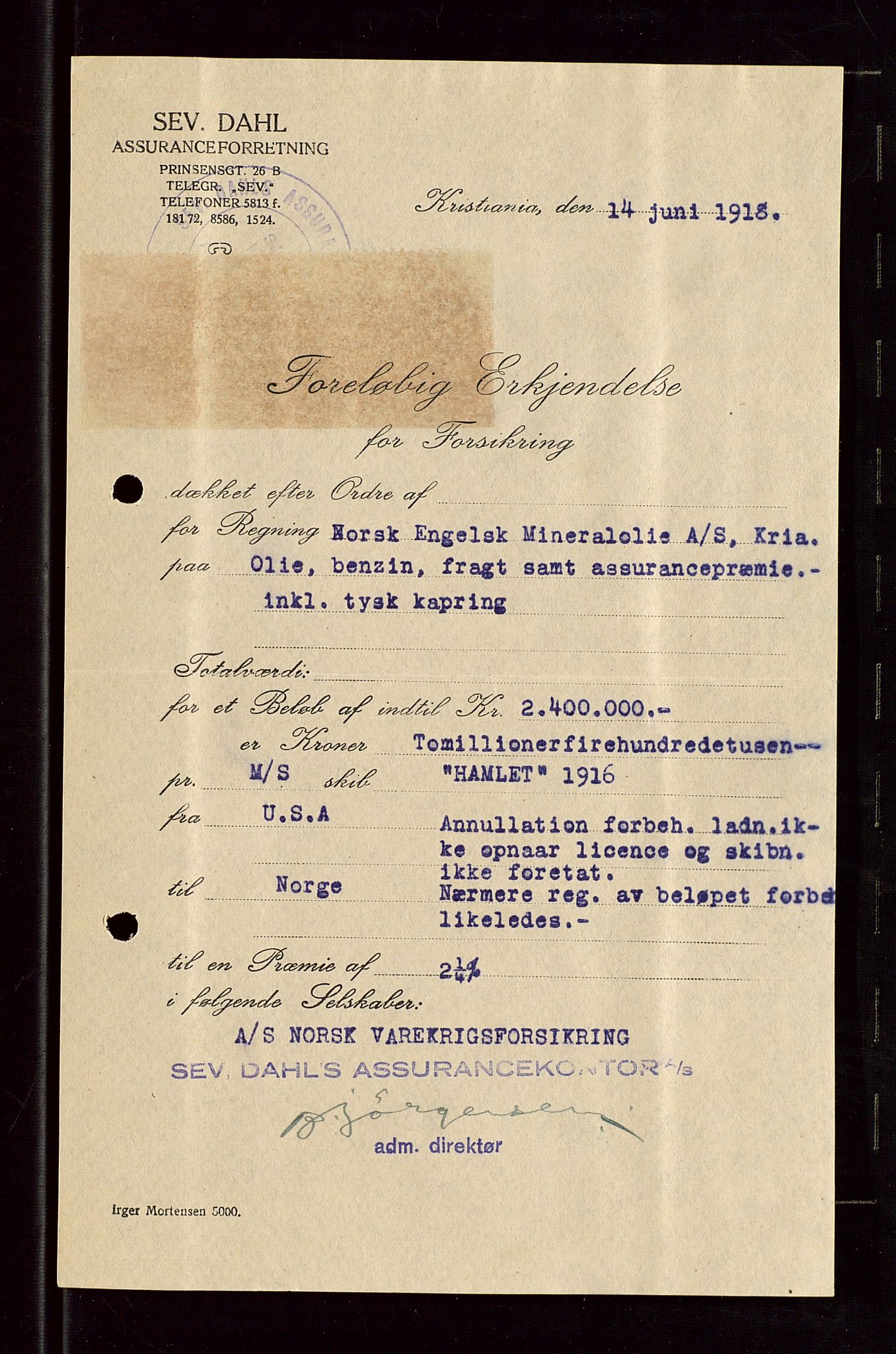 Pa 1521 - A/S Norske Shell, AV/SAST-A-101915/E/Ea/Eaa/L0005: Sjefskorrespondanse, 1918, p. 85