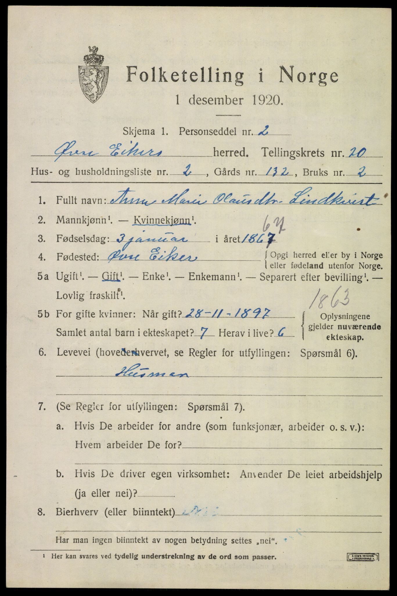 SAKO, 1920 census for Øvre Eiker, 1920, p. 22394