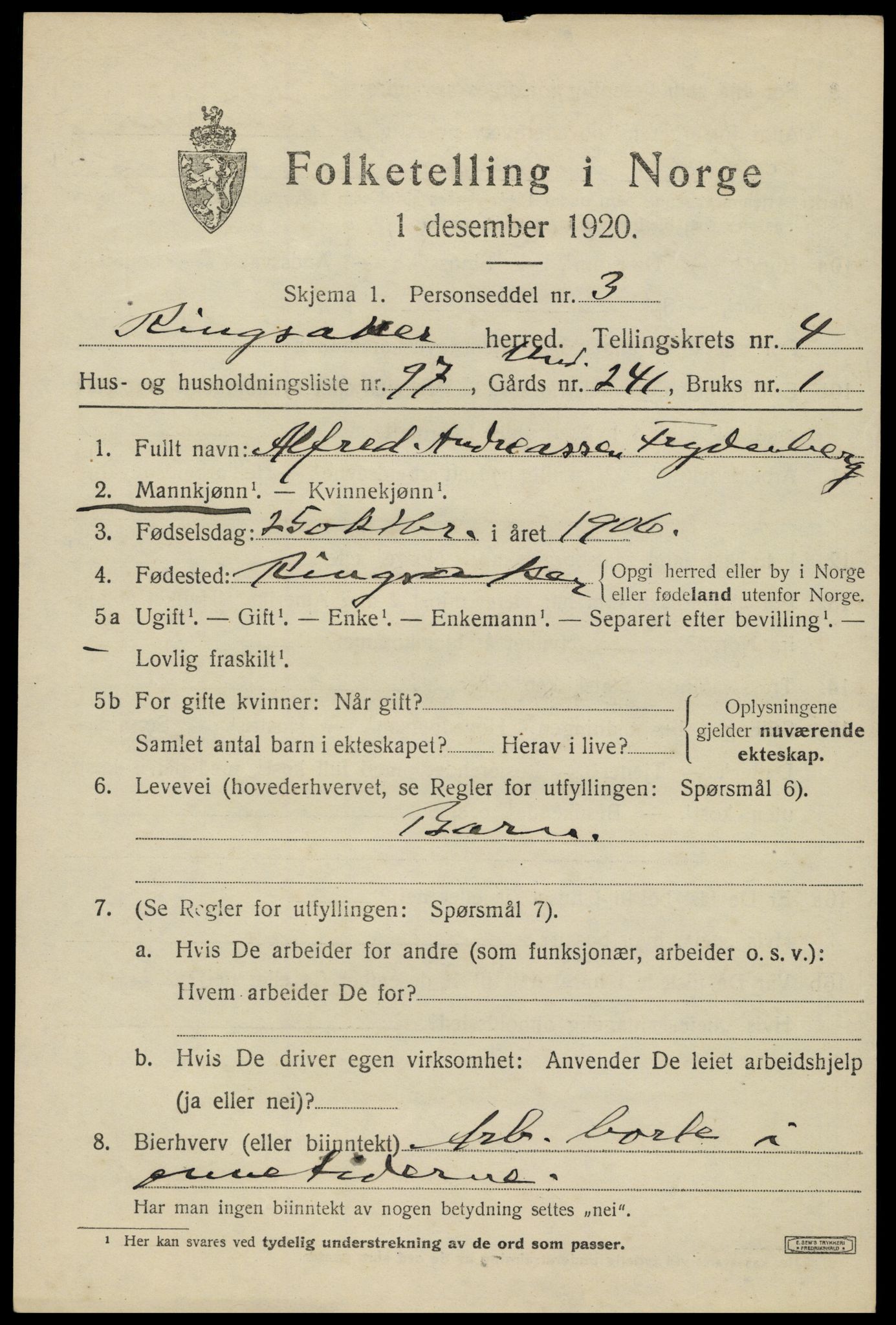 SAH, 1920 census for Ringsaker, 1920, p. 9700