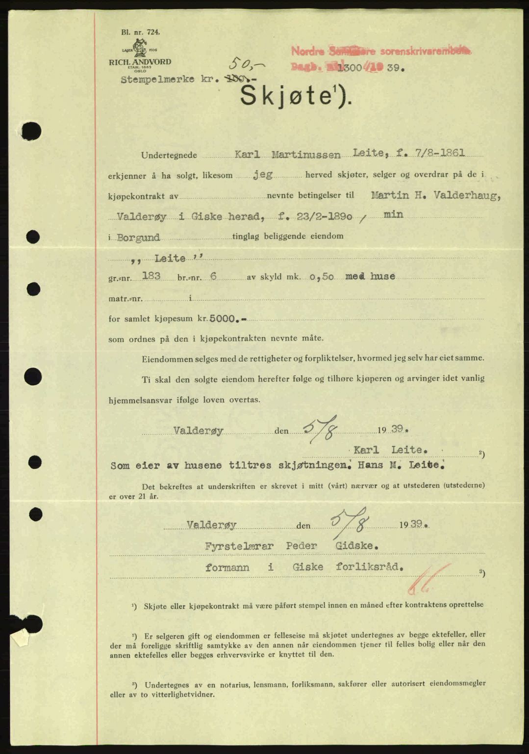 Nordre Sunnmøre sorenskriveri, SAT/A-0006/1/2/2C/2Ca: Mortgage book no. A7, 1939-1939, Diary no: : 1300/1939