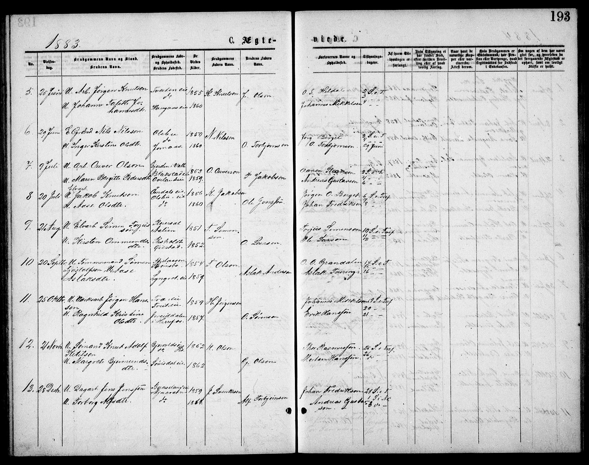 Froland sokneprestkontor, AV/SAK-1111-0013/F/Fb/L0009: Parish register (copy) no. B 9, 1875-1893, p. 193