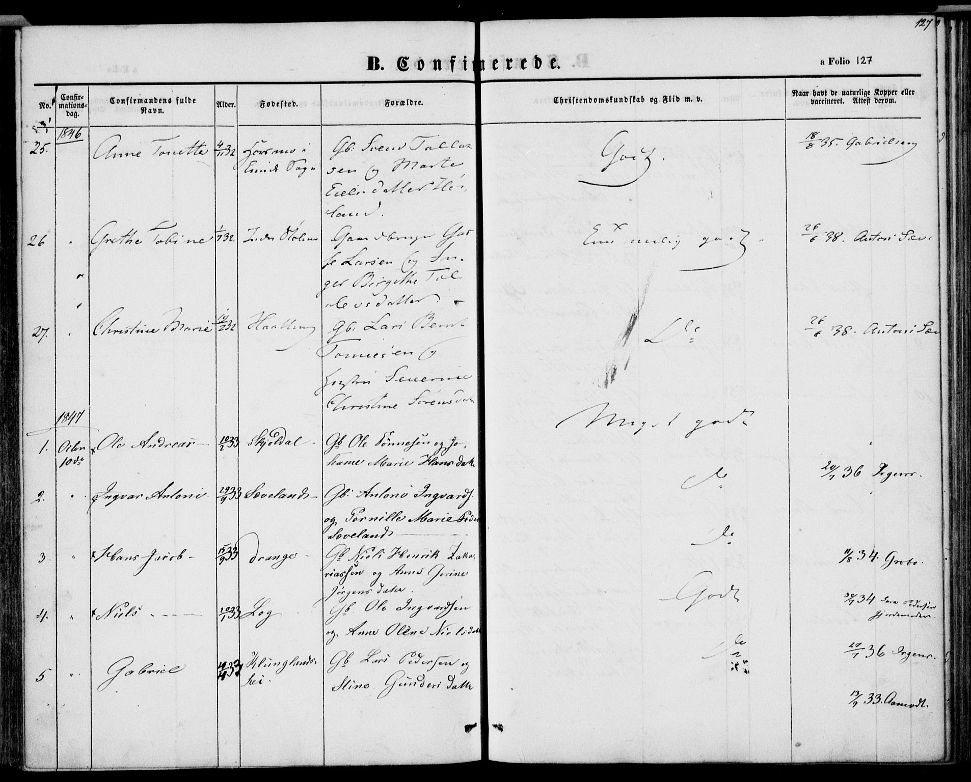 Herad sokneprestkontor, AV/SAK-1111-0018/F/Fa/Faa/L0004: Parish register (official) no. A 4, 1844-1853, p. 127