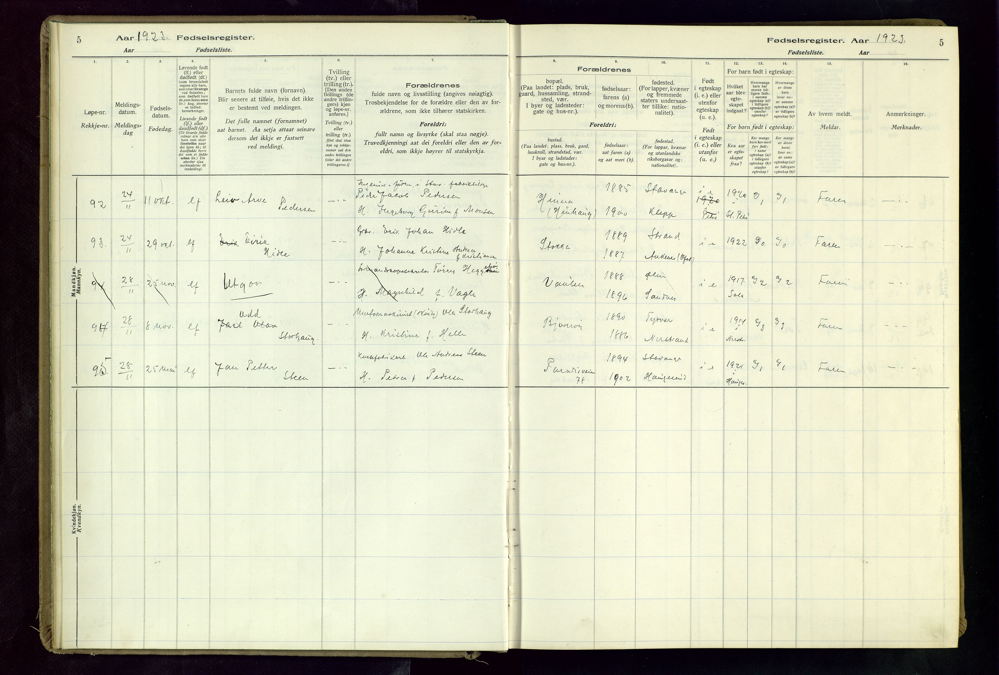 Hetland sokneprestkontor, AV/SAST-A-101826/70/704BA/L0004: Birth register no. 4, 1923-1937, p. 5