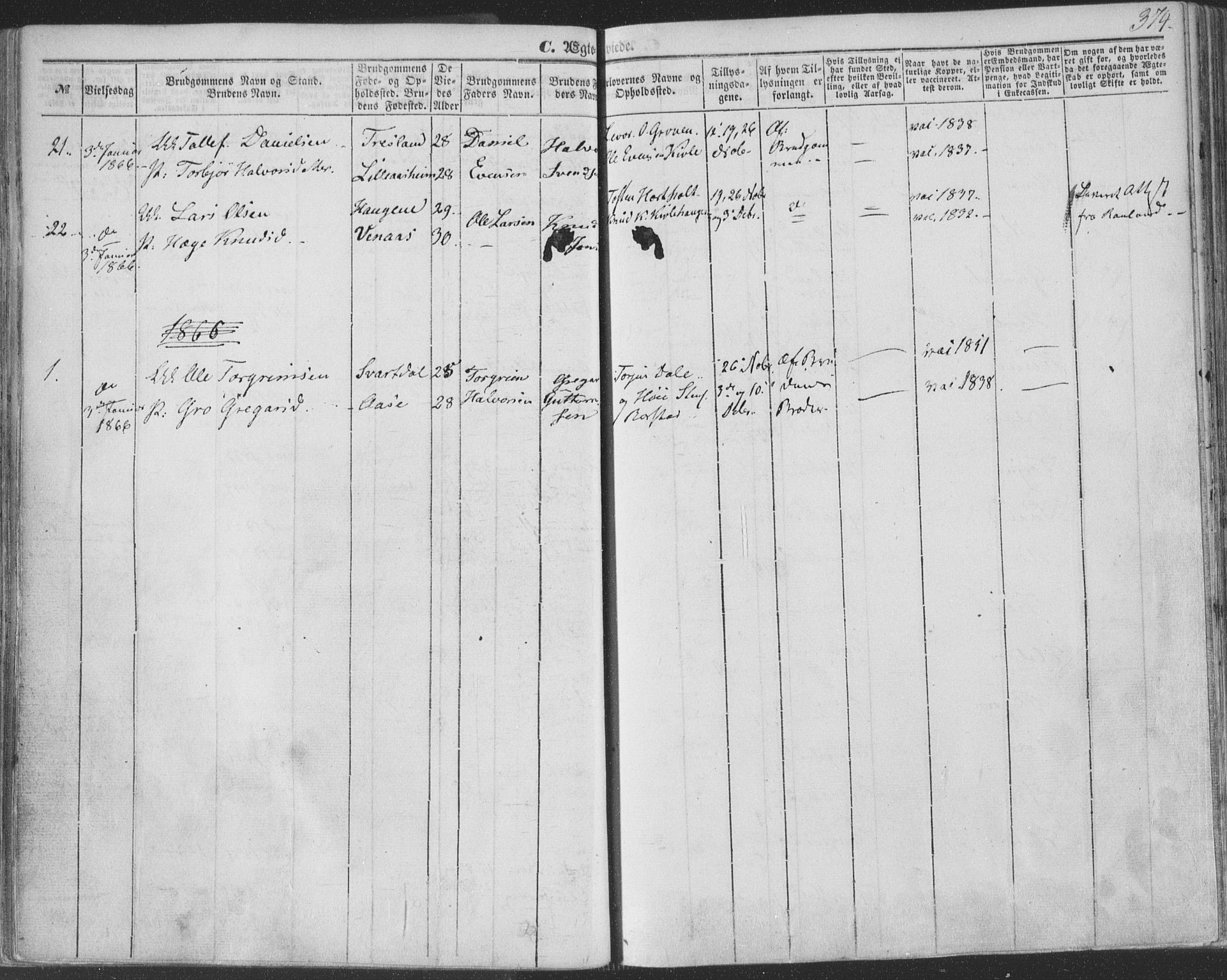 Seljord kirkebøker, AV/SAKO-A-20/F/Fa/L012b: Parish register (official) no. I 12B, 1850-1865, p. 374