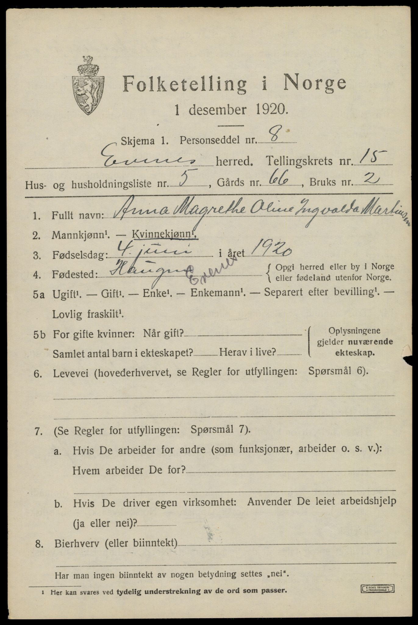 SAT, 1920 census for Evenes, 1920, p. 12798