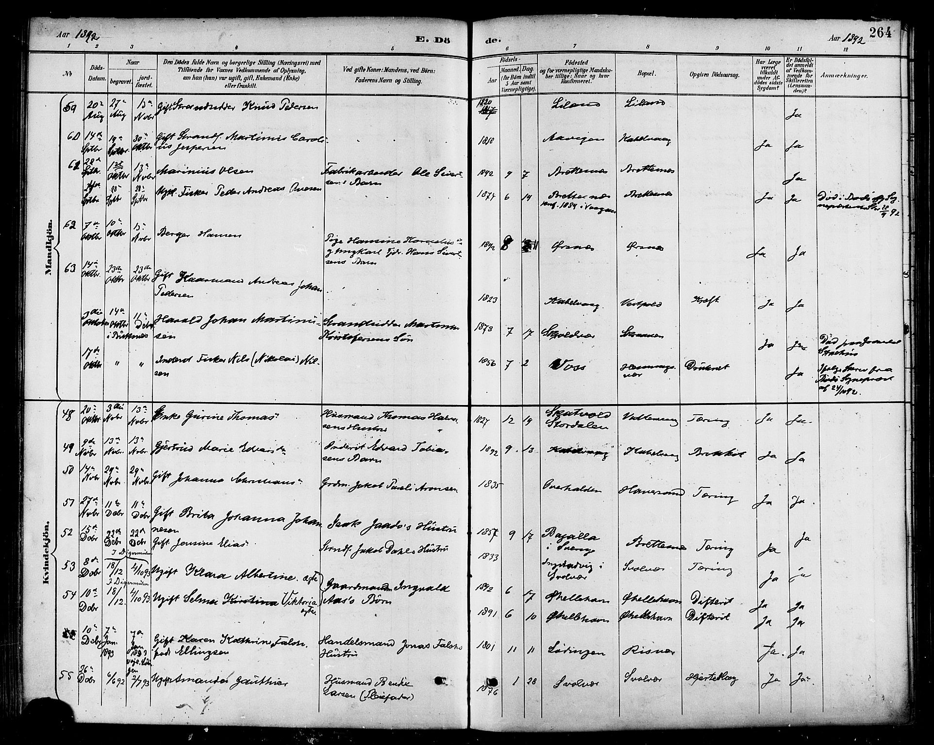 Ministerialprotokoller, klokkerbøker og fødselsregistre - Nordland, AV/SAT-A-1459/874/L1060: Parish register (official) no. 874A04, 1890-1899, p. 264